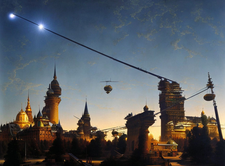 Fantastical cityscape at dusk with illuminated towers and gondolas on suspended track