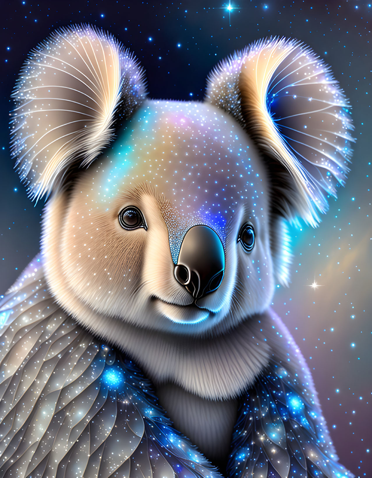 Cosmic-themed koala illustration with starry fur and glowing ears