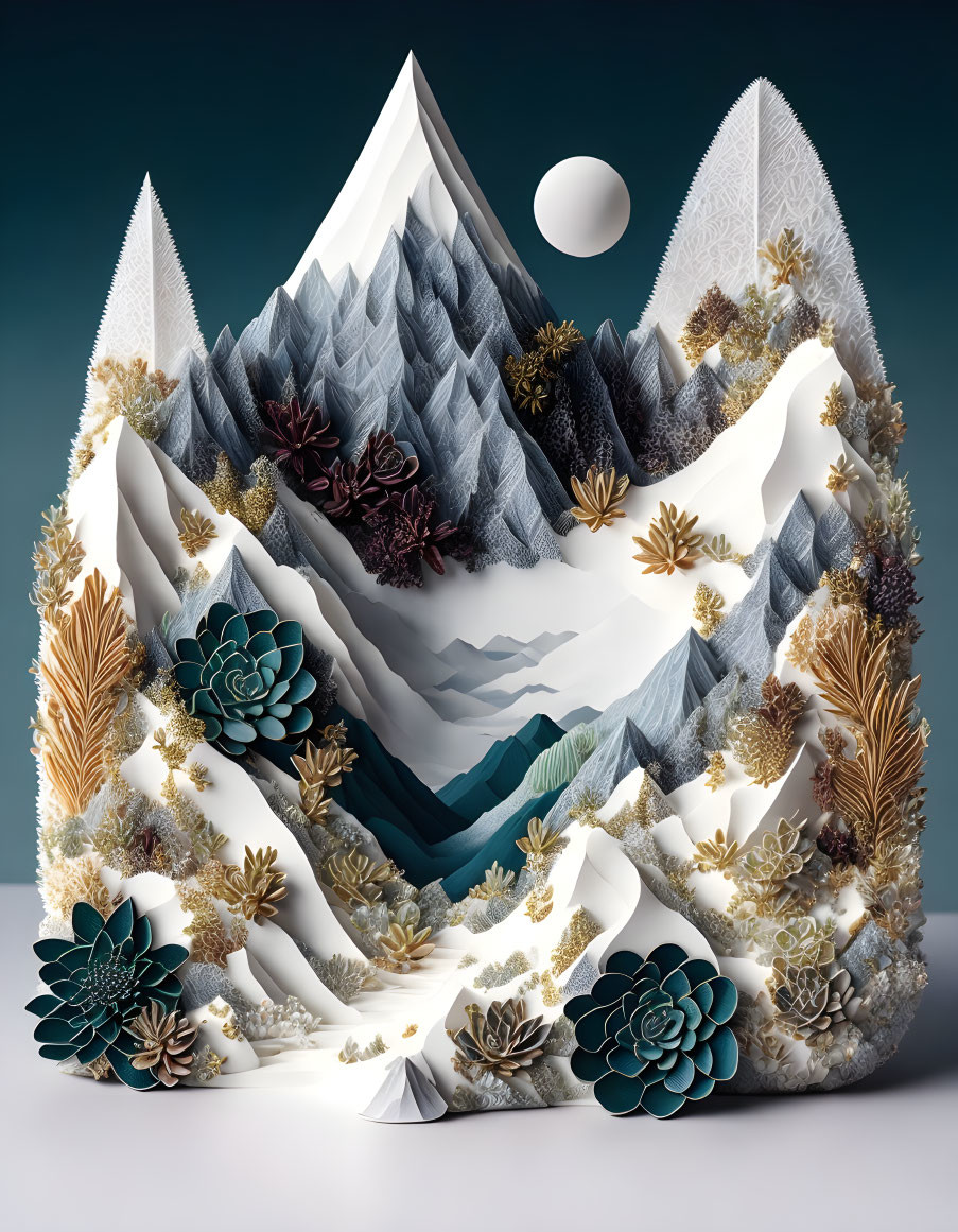 Paper Art Mountain Landscape with Textured Peaks and Serene Lake