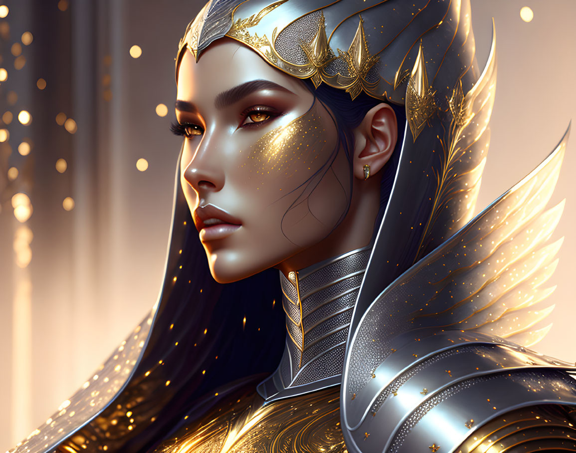 Fantasy female warrior with golden armor and wing-like adornments