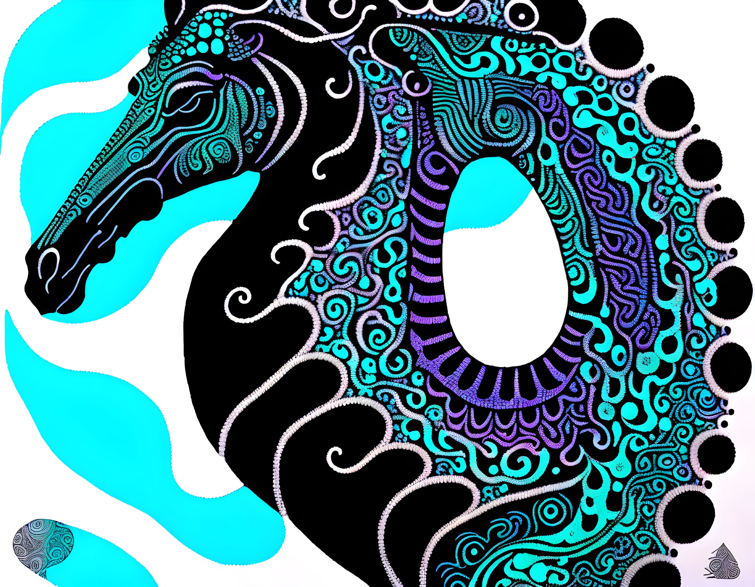 Colorful Stylized Horse Artwork in Purple and Black on Light Blue Background