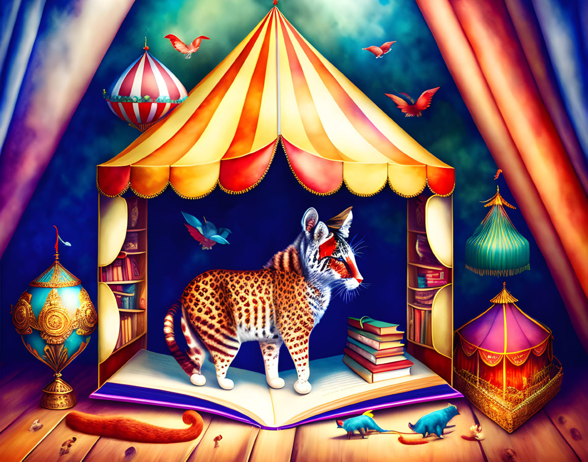 Surreal illustration: domestic cat with leopard spots in circus tent with flying birds, books, lamp