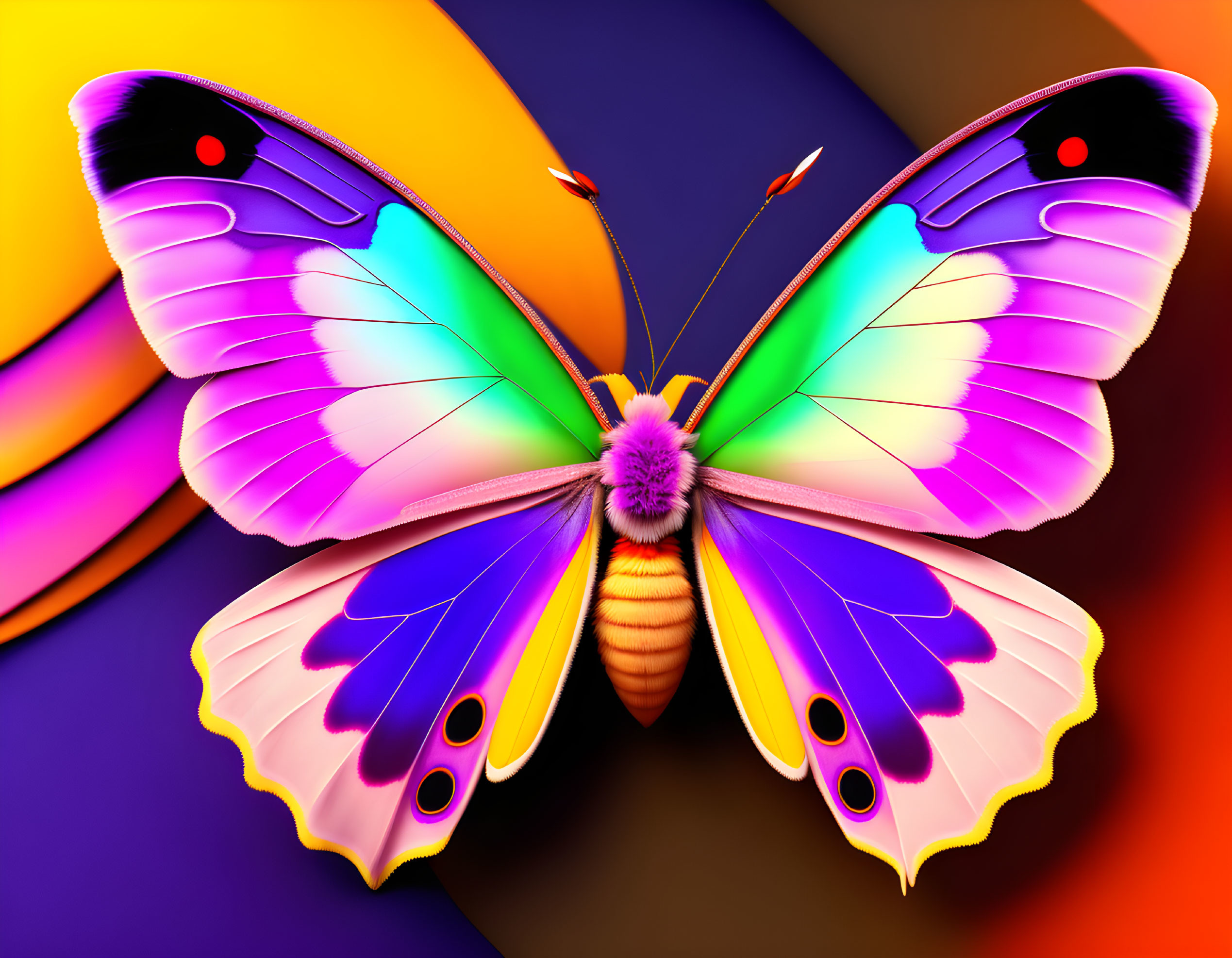 Colorful digital butterfly with rainbow wings on vibrant background.