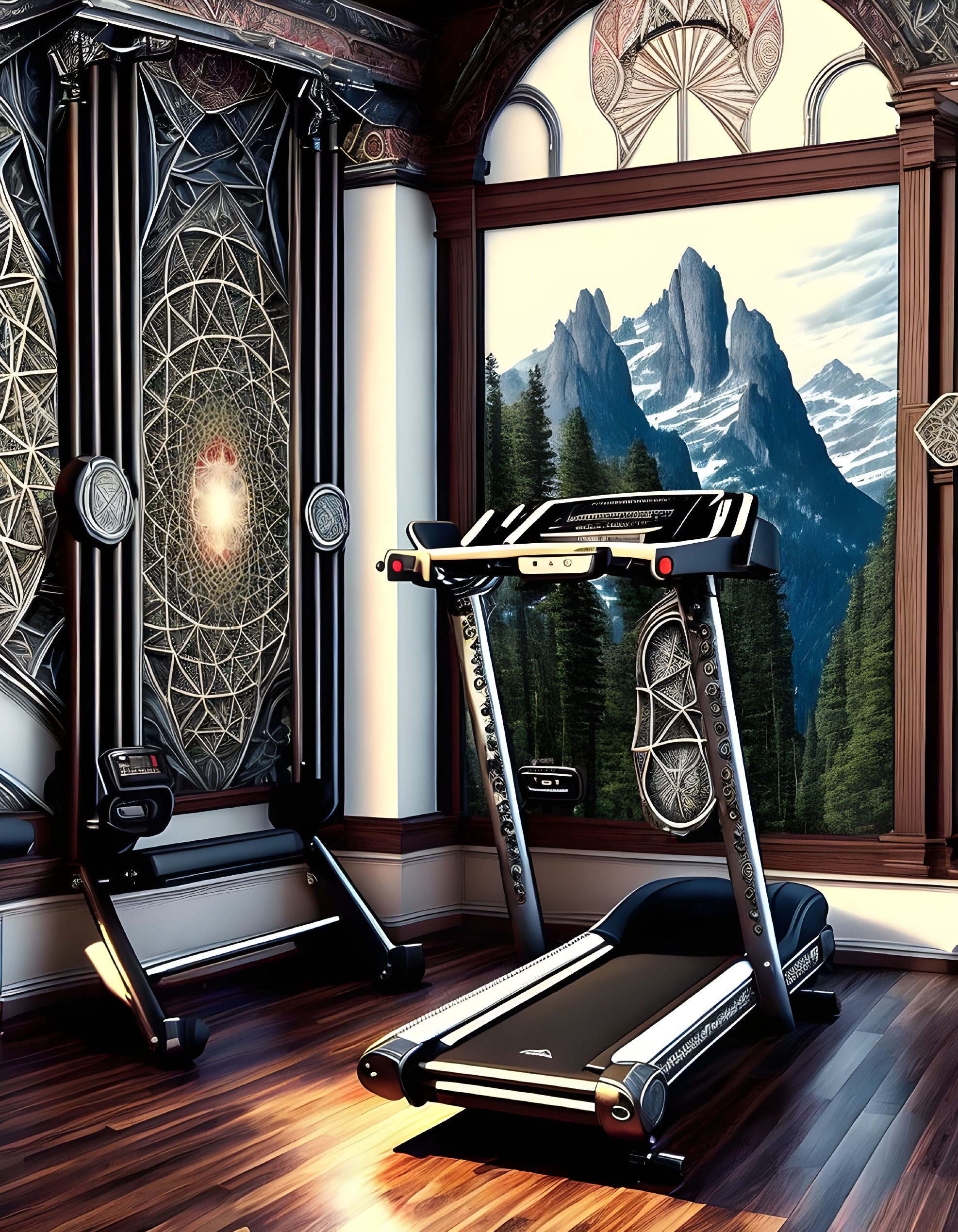 Luxurious Home Gym with Modern Treadmills and Mountain View