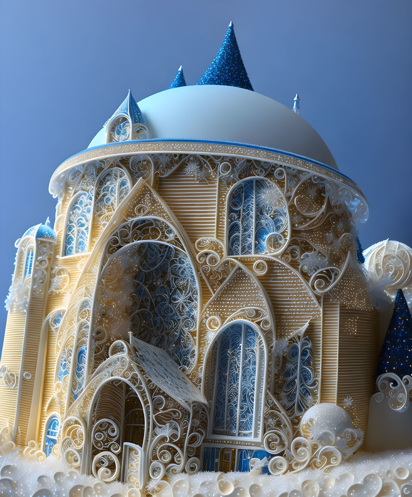 Fantasy palace digital artwork with gold and blue details