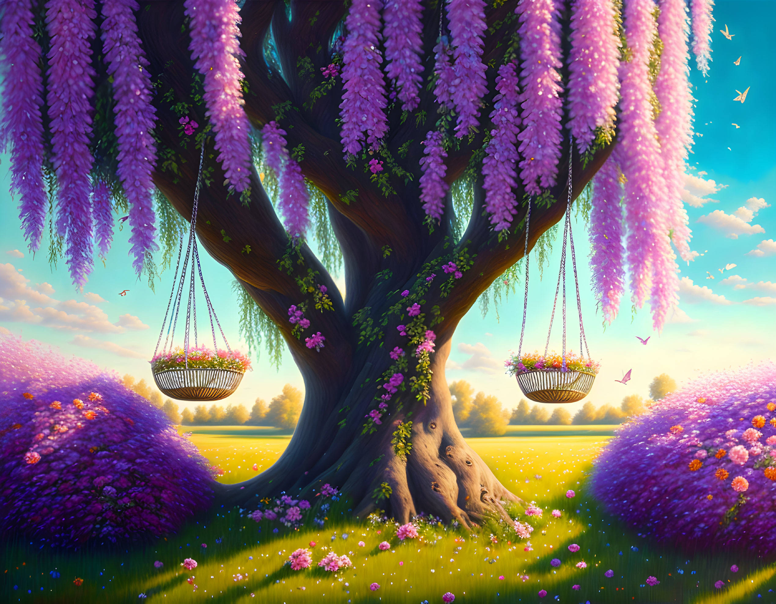 Purple wisteria tree in lush meadow with flowers and birds at sunset