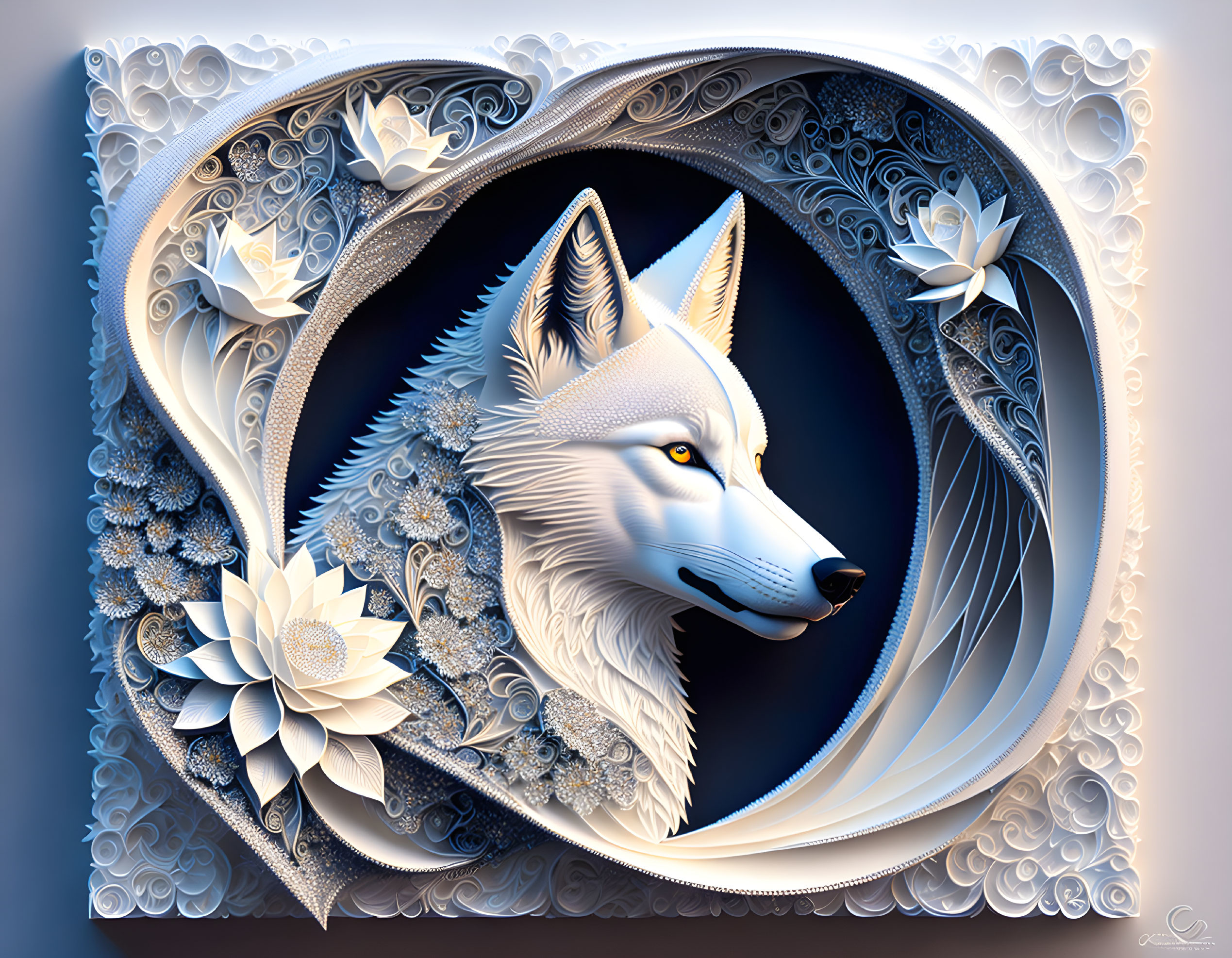 Detailed digital artwork of a white fox surrounded by intricate blue and white floral designs