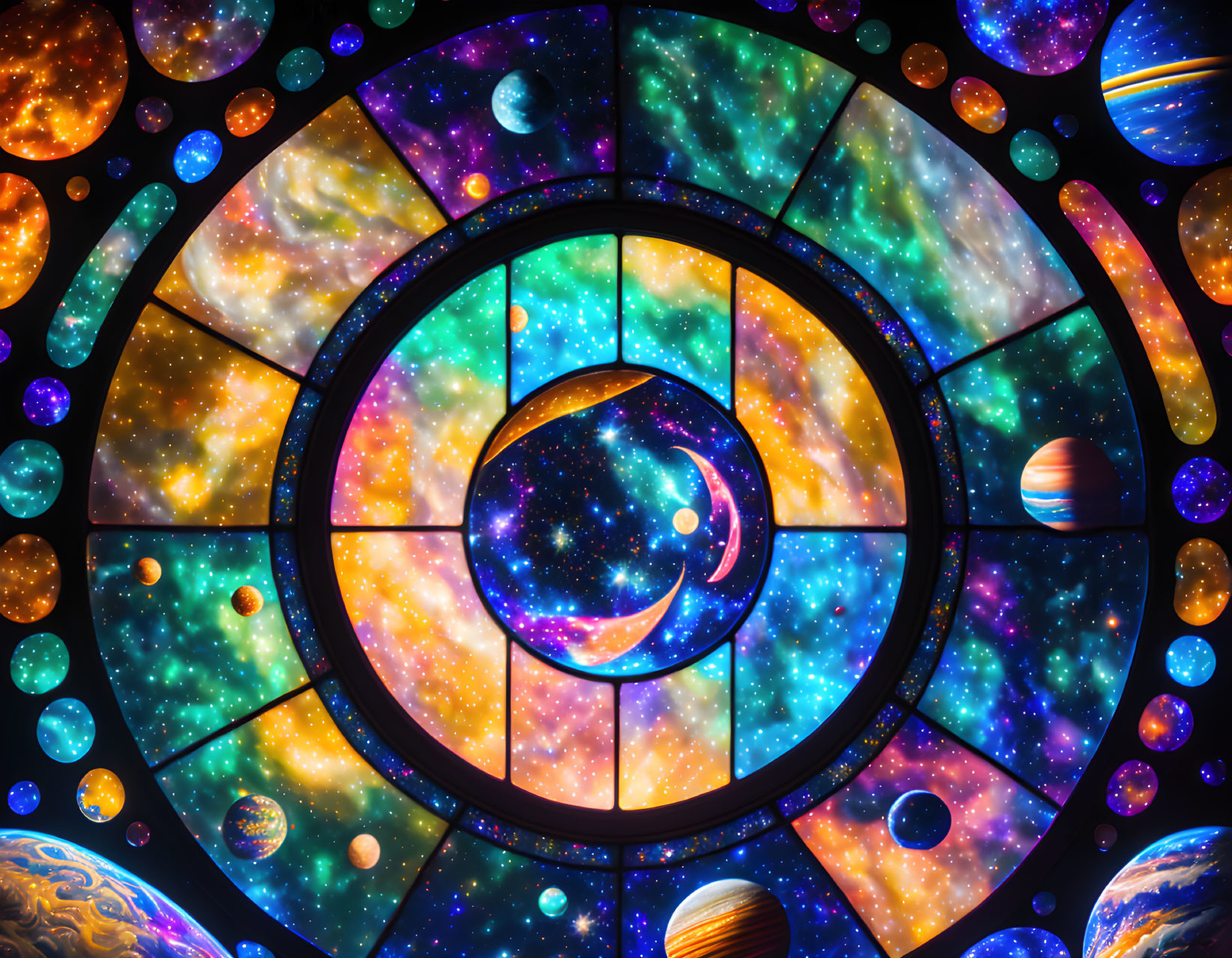 Colorful celestial bodies and stars in geometric stained glass.