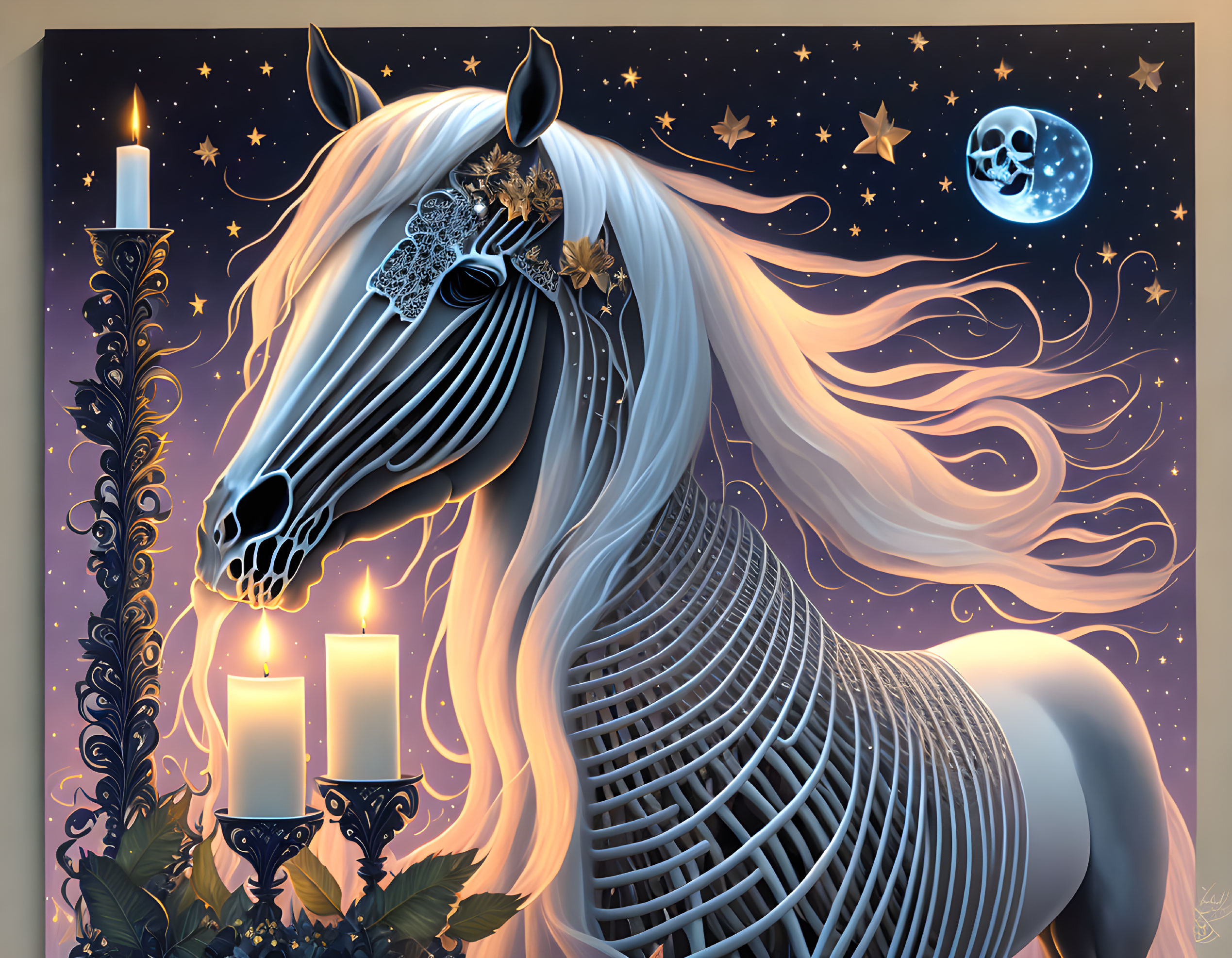 Skeleton horse with floral mane in mystical night scene