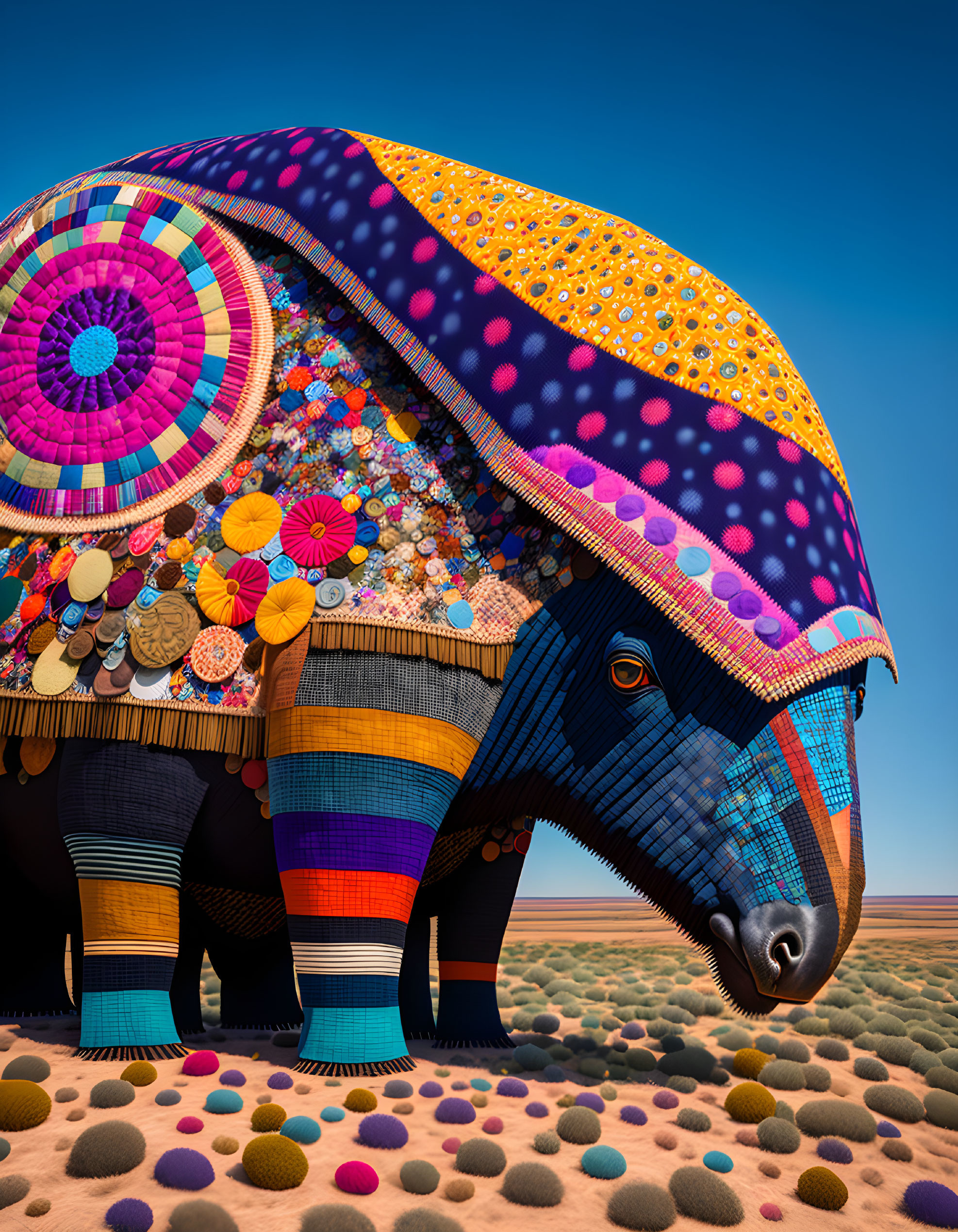 Colorful Mosaic Armadillo in Desert Landscape with Spheres