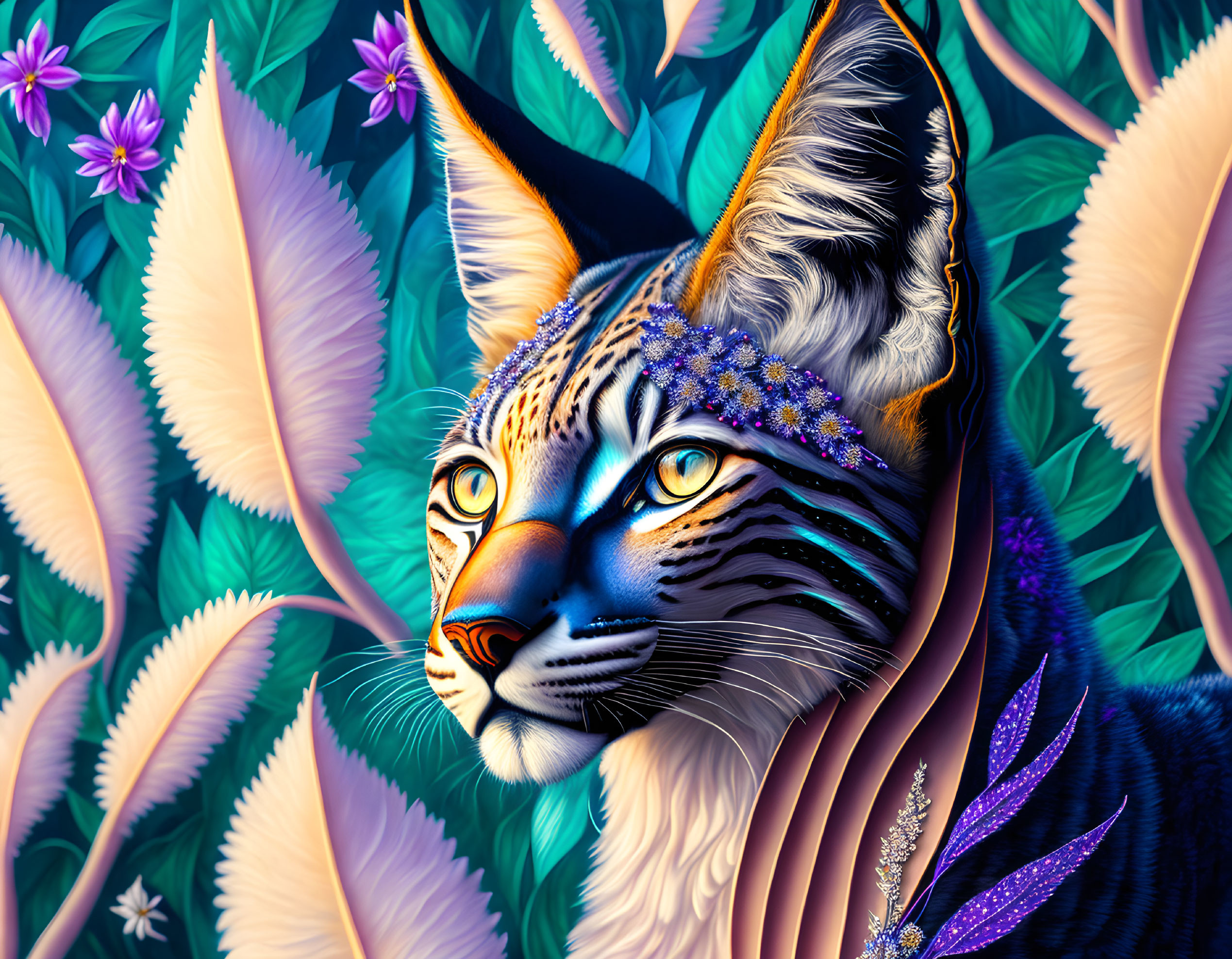 Colorful Digital Artwork: Cat with Intricate Patterns in Floral Setting