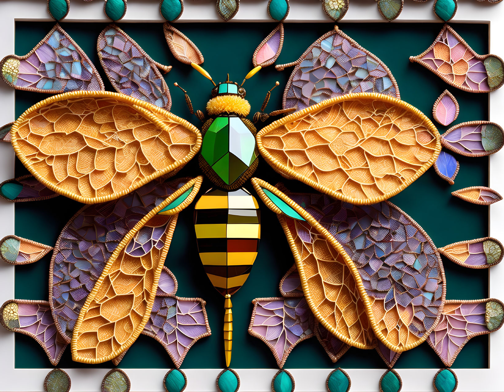 Colorful Ornate Insect Artwork with Mosaic Body and Textured Wings