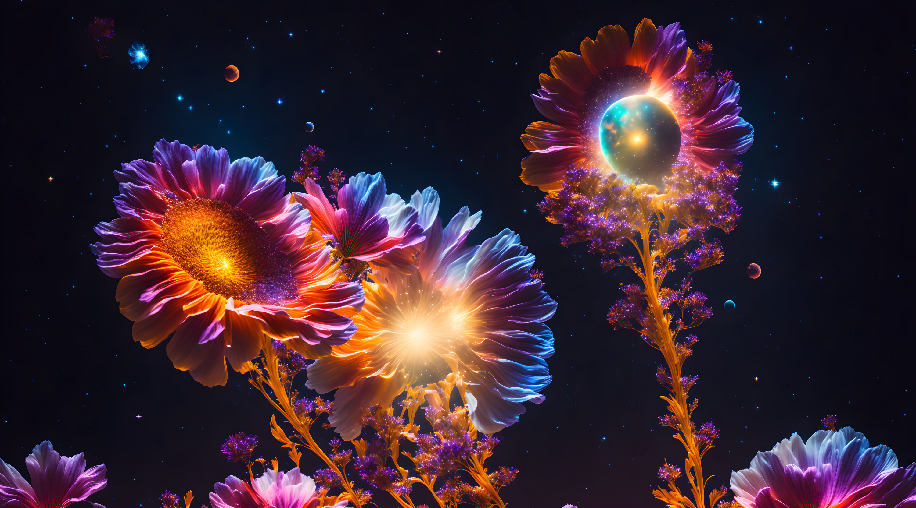 Colorful digital art: Glowing flowers in cosmic setting