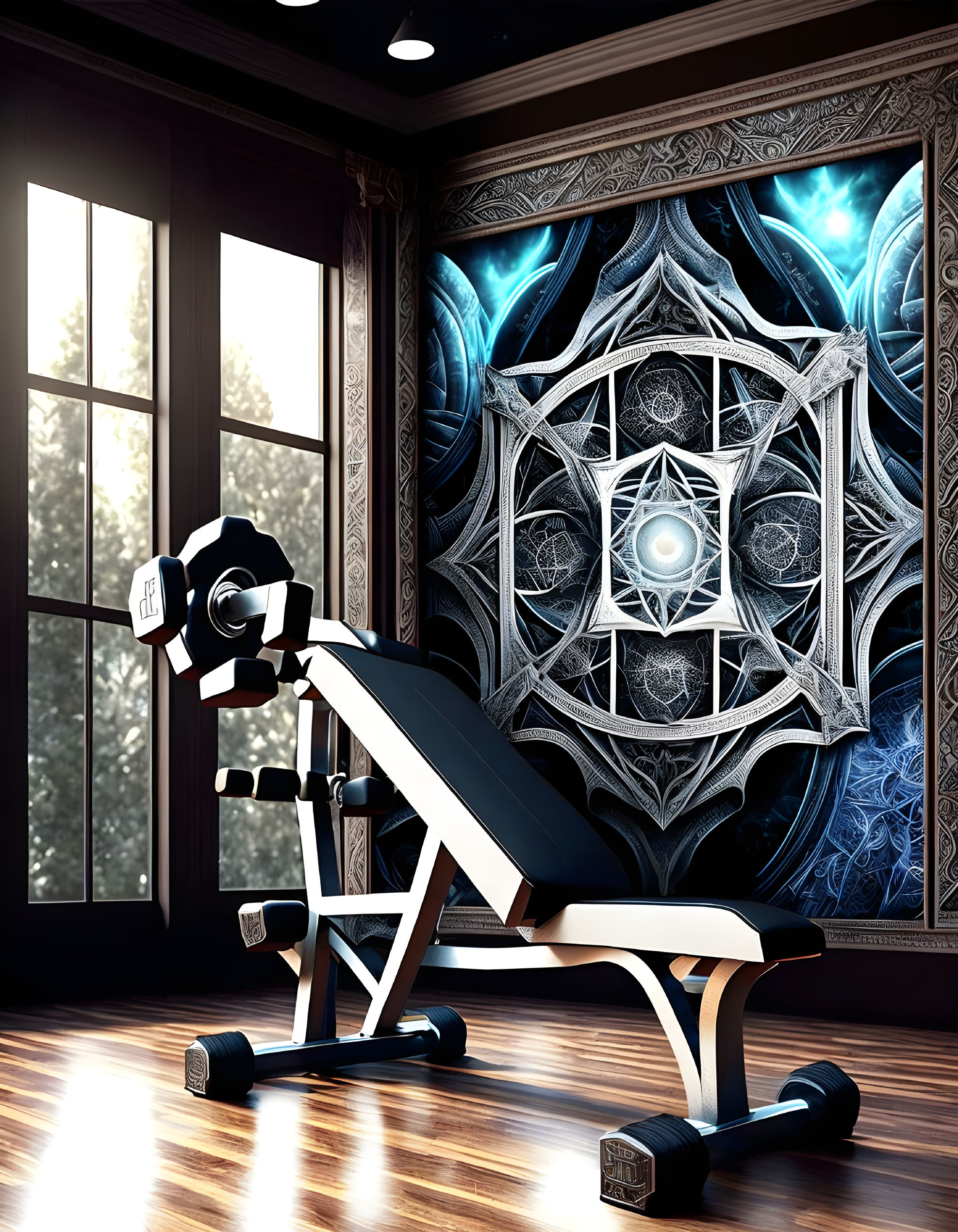 Adjustable Workout Bench and Dumbbells in Home Gym with Hardwood Floors and Cosmic Mandala