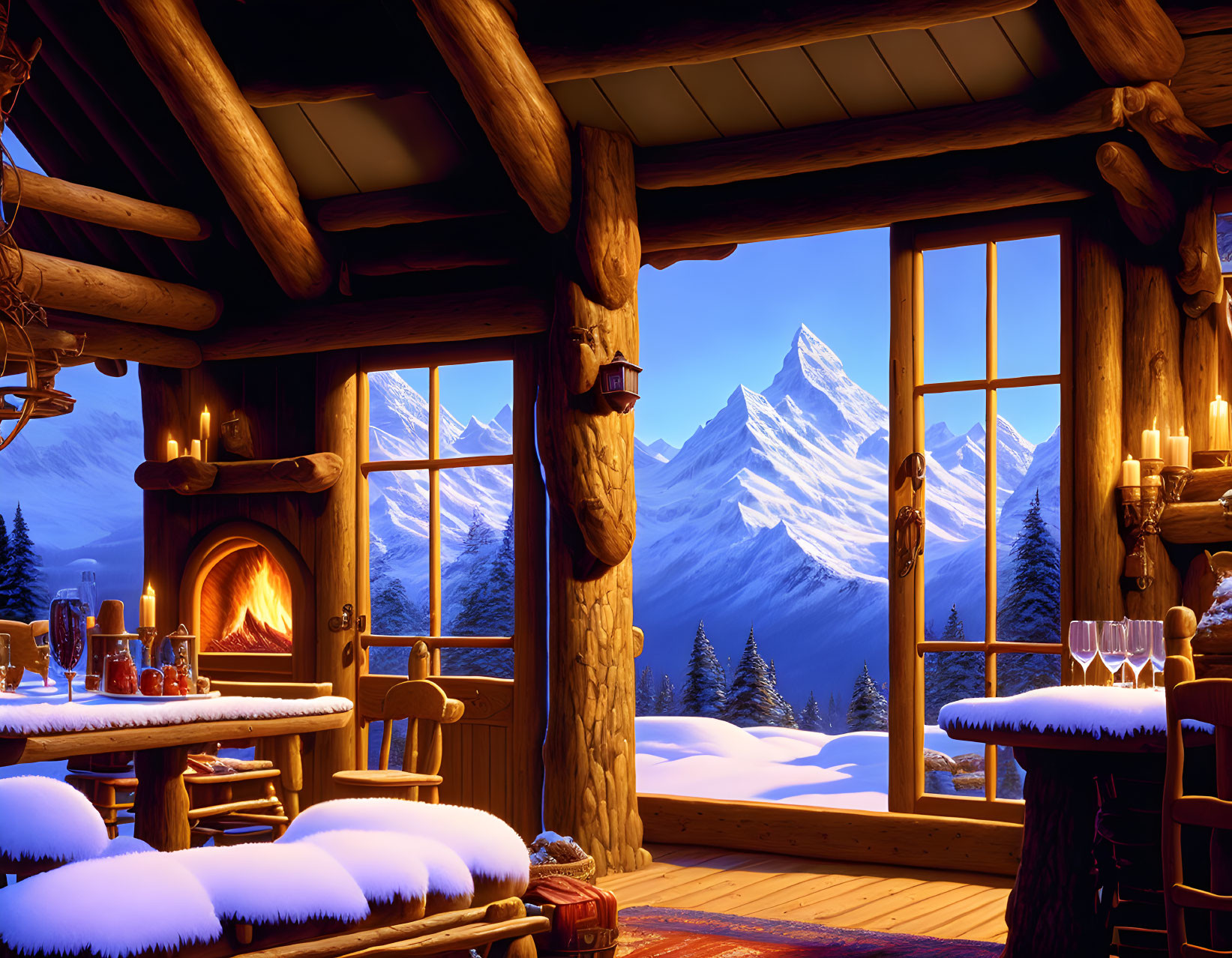 Warm Cabin Interior with Fireplace, Snowy Mountain View, and Set Table