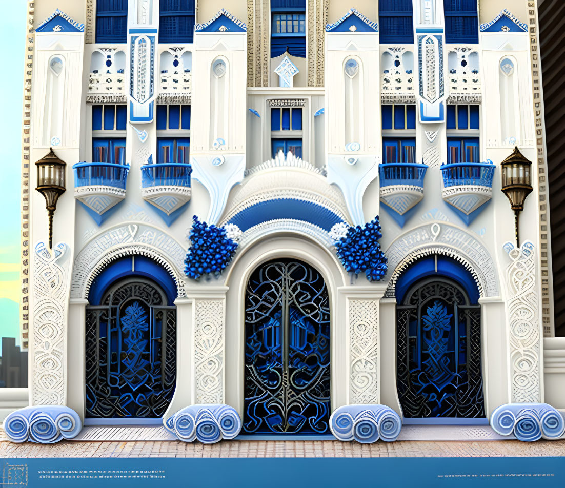 Blue and White Ornate Building Facade with Balconies and Arched Doors