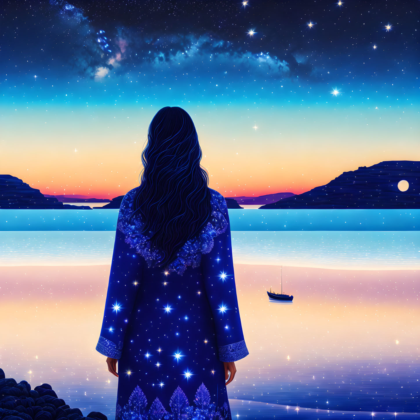 Person in Star-Patterned Robe Contemplates Tranquil Sea and Starry Sky