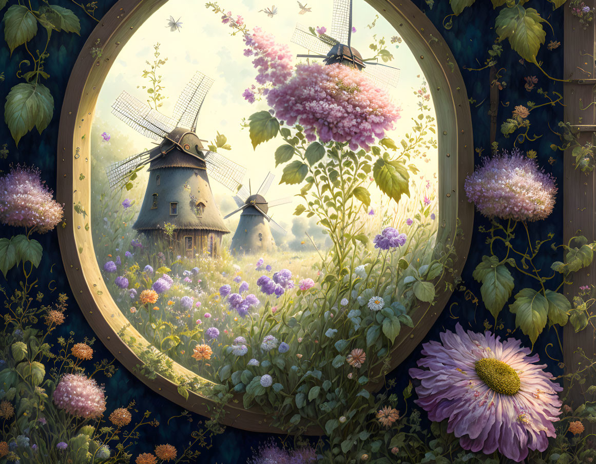 Whimsical windmills and flowers in ornate golden frame