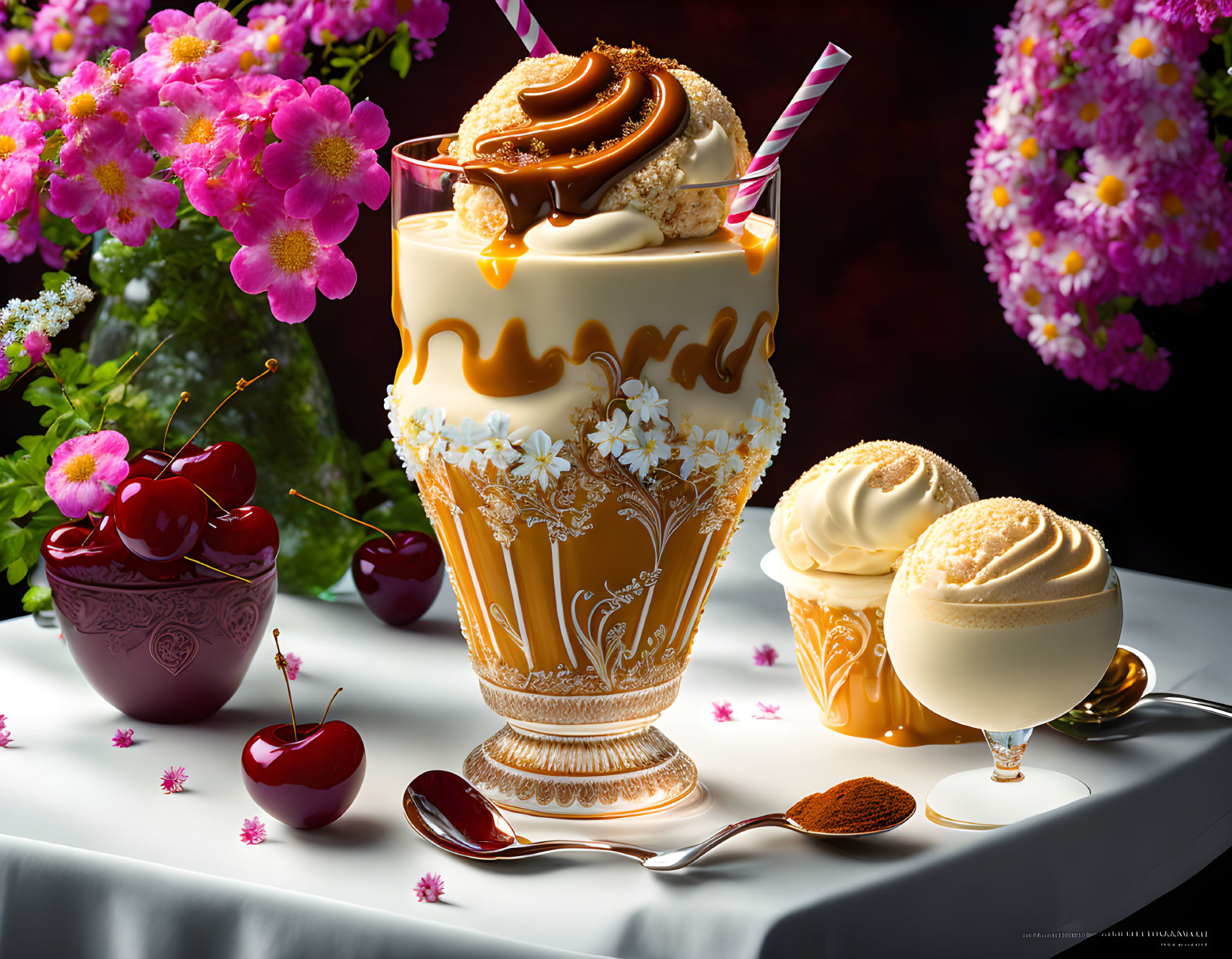 Caramel sundae in glass cup with cookie, cherries, ice cream scoops, and flowers