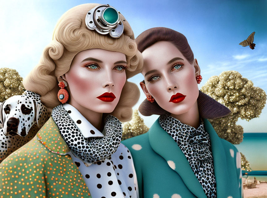 Stylized vintage women with vibrant makeup and Dalmatian in rural setting