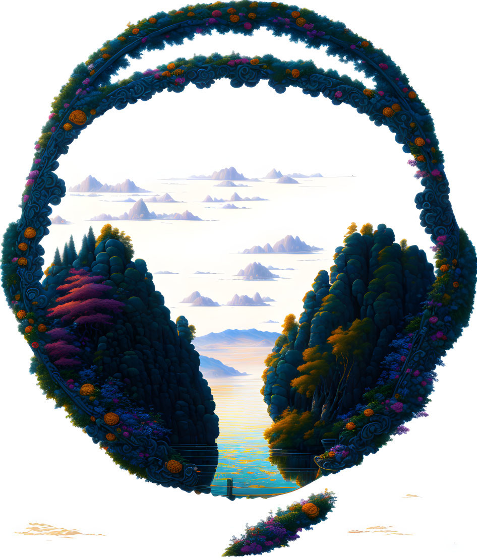 Scenic landscape with mountains, river, and floral oval frame