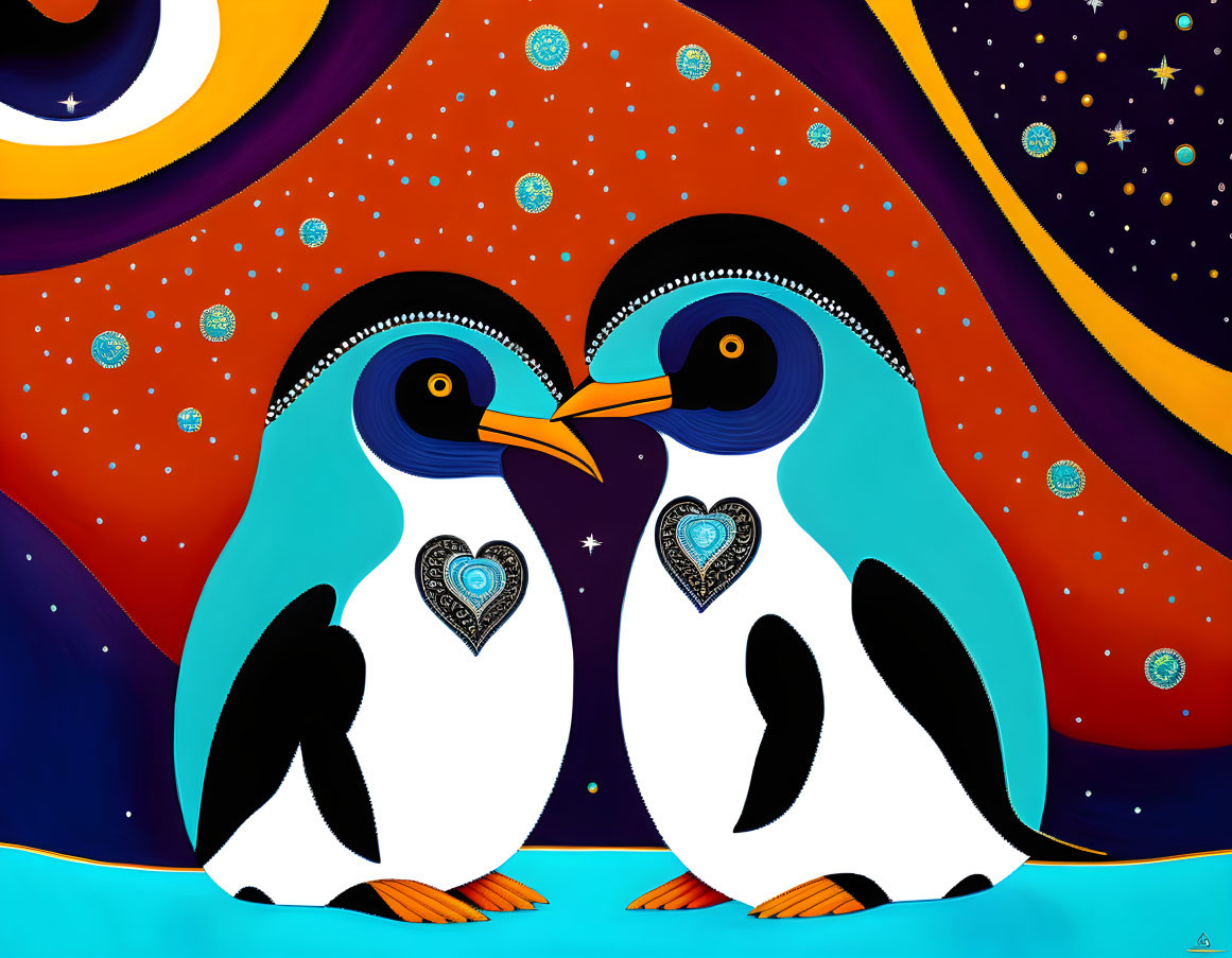 Stylized penguins with heart patterns on chests in cosmic setting