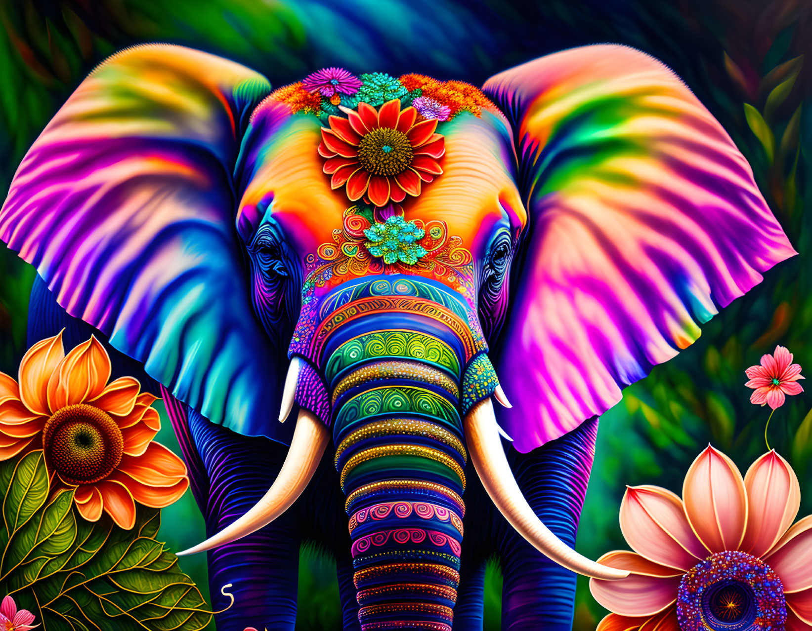 Colorful Psychedelic Elephant Artwork with Floral Designs