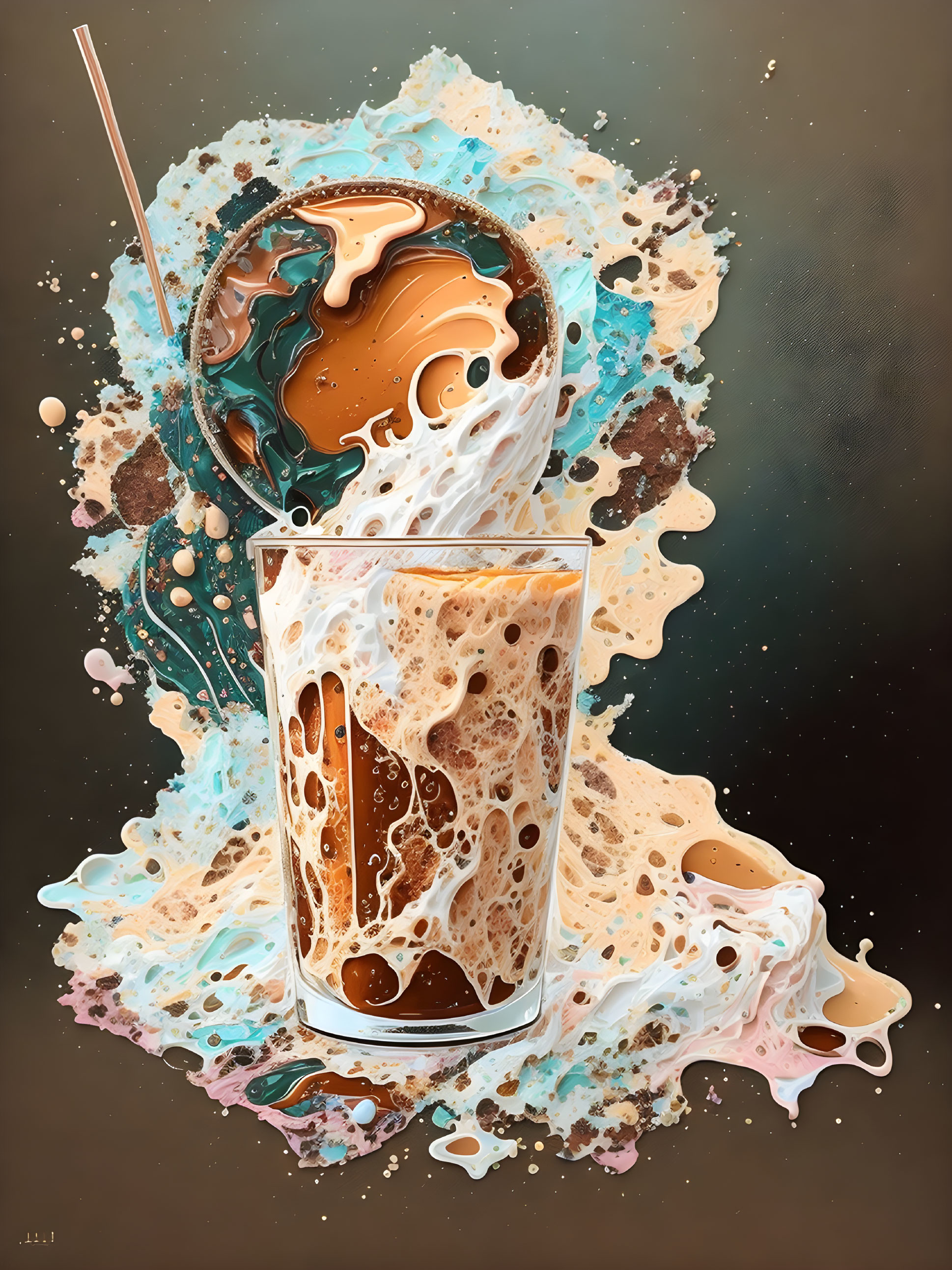 Hyper-realistic iced coffee glass with dynamic coffee and cream splashes on a dark background