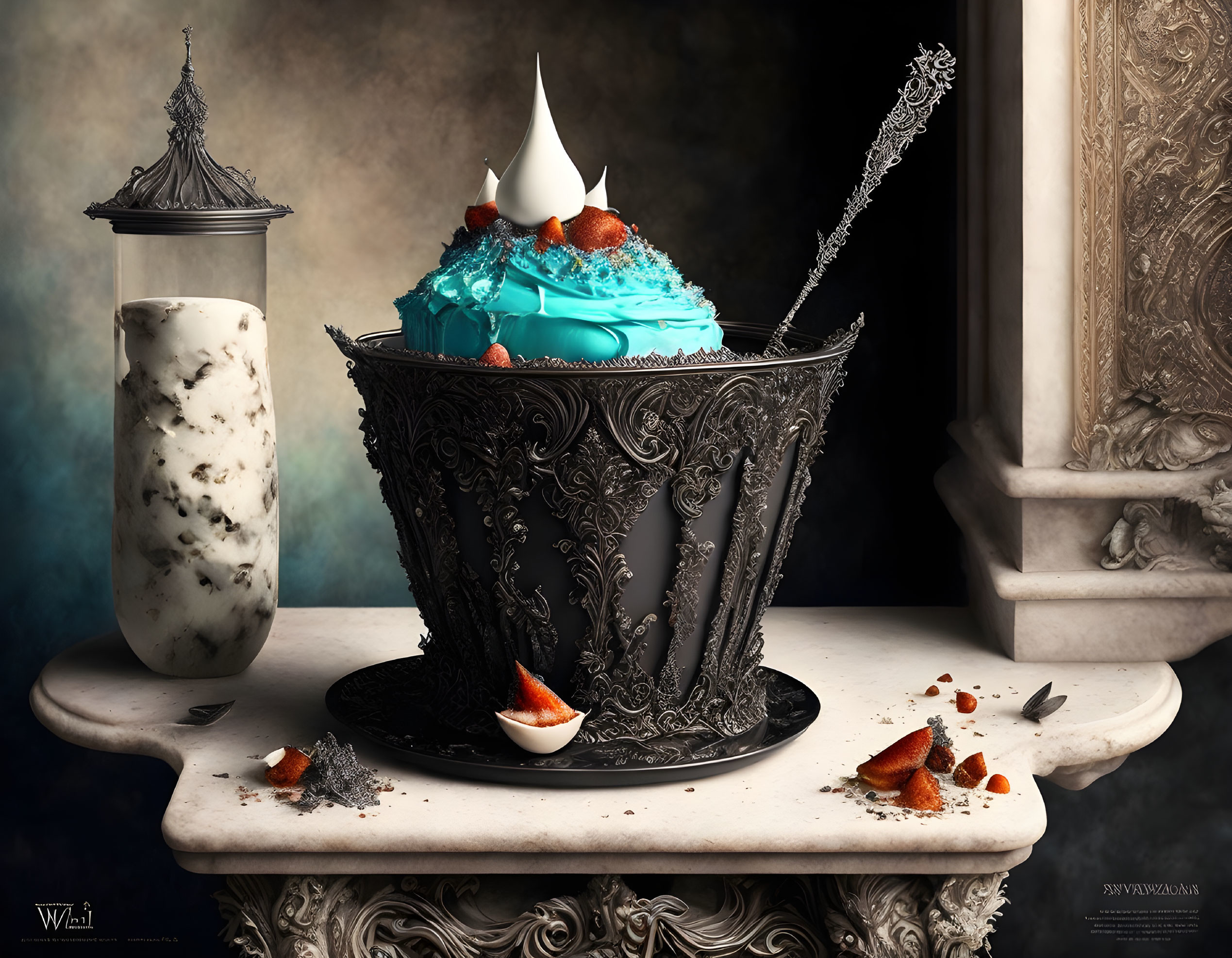 Gothic cupcake with blue frosting, white cream, fruit pieces, and marbled candlestick