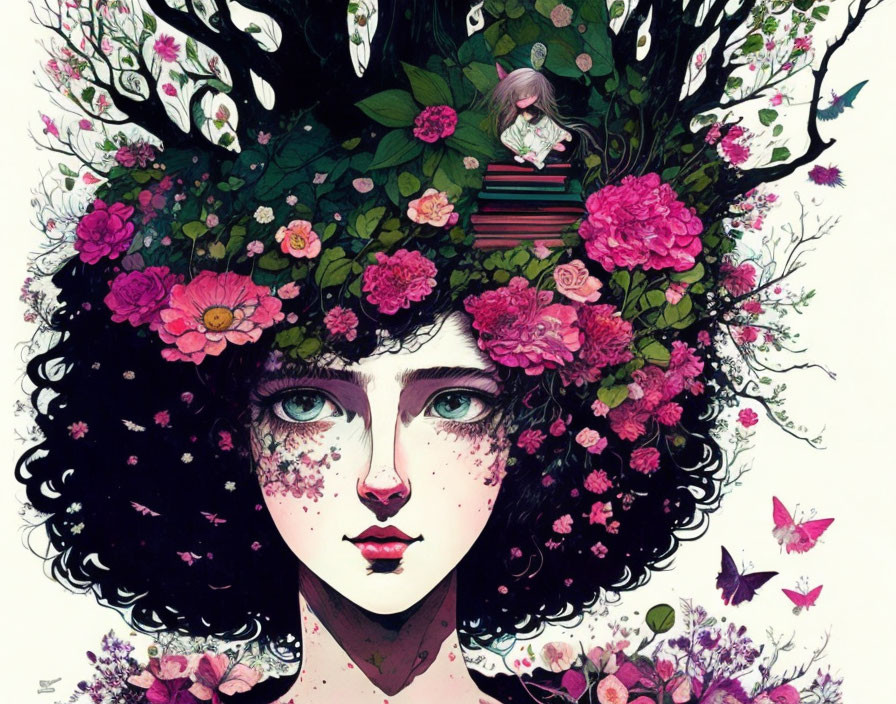 Person with Vibrant Floral Hair and Reading Character in Illustration