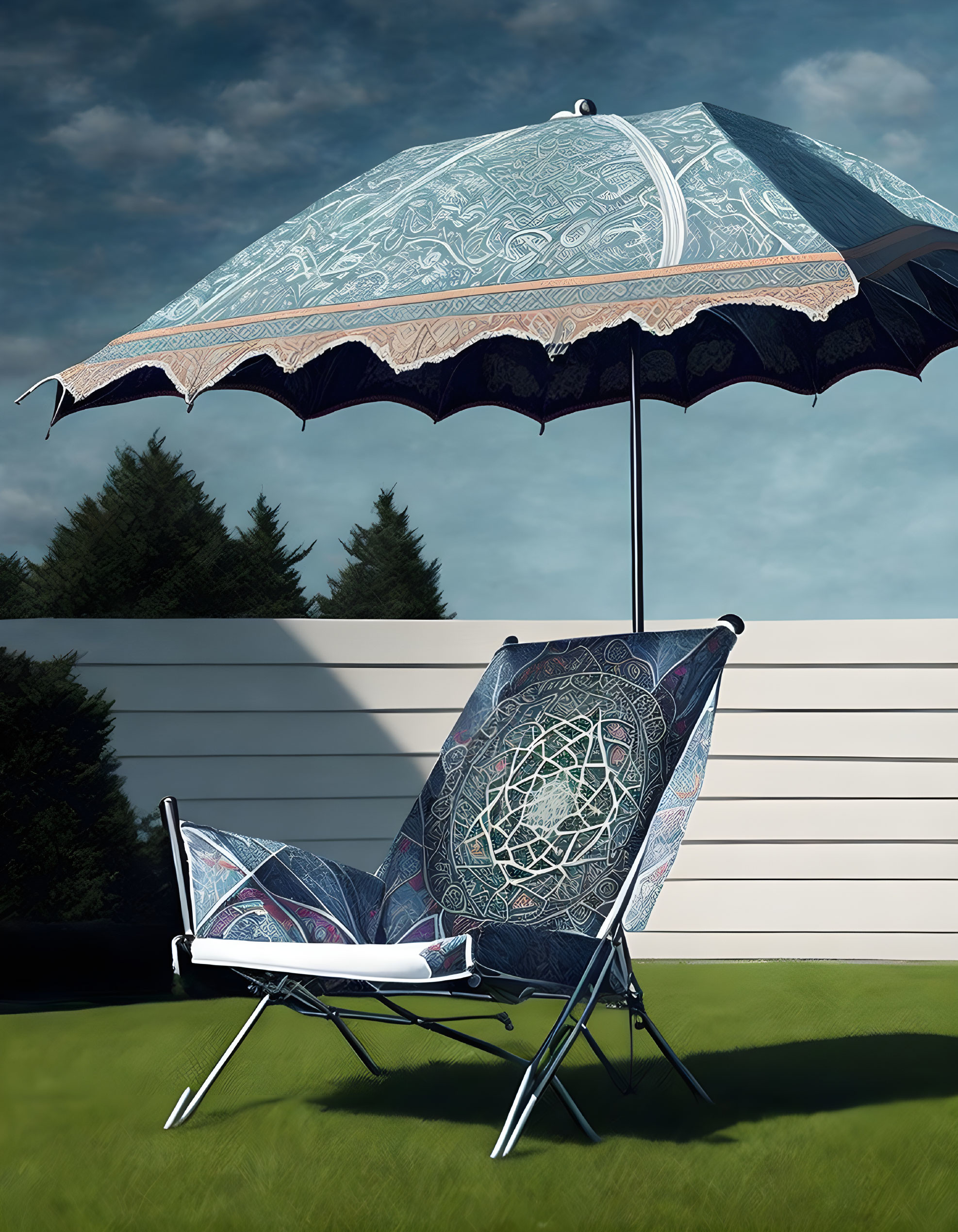 Patterned Folding Chair and Matching Umbrella on Grass with Wooden Fence and Clear Sky