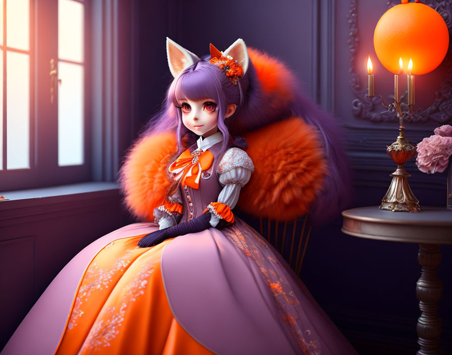 Character with Fox Ears and Tail in Orange and White Dress by Candlelit Window