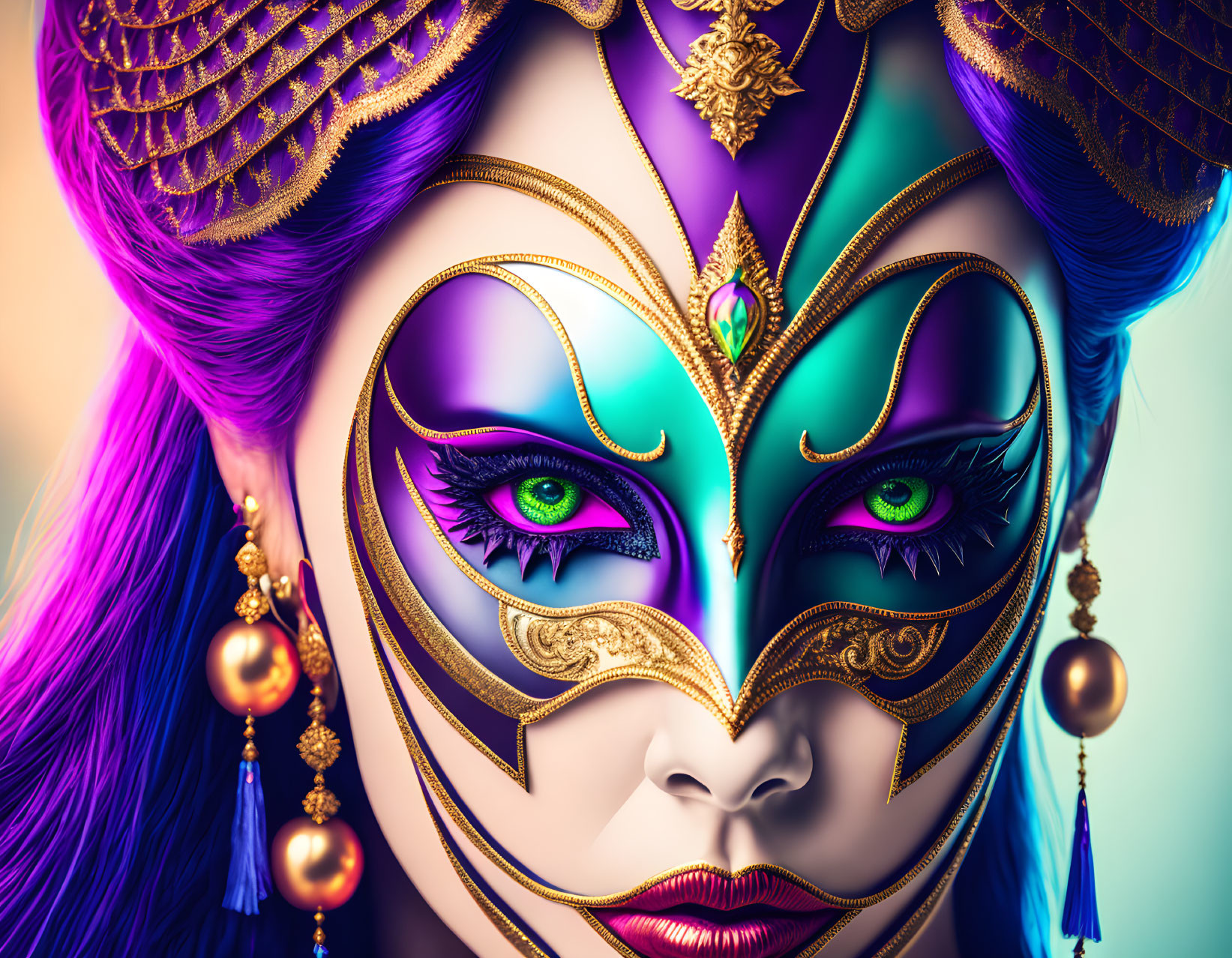 Colorful digital artwork featuring person with purple and gold masquerade mask, green eyes, and purple