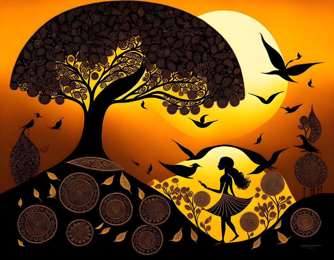 Silhouette Art: Girl, Birds, Tree on Orange Background with Sun