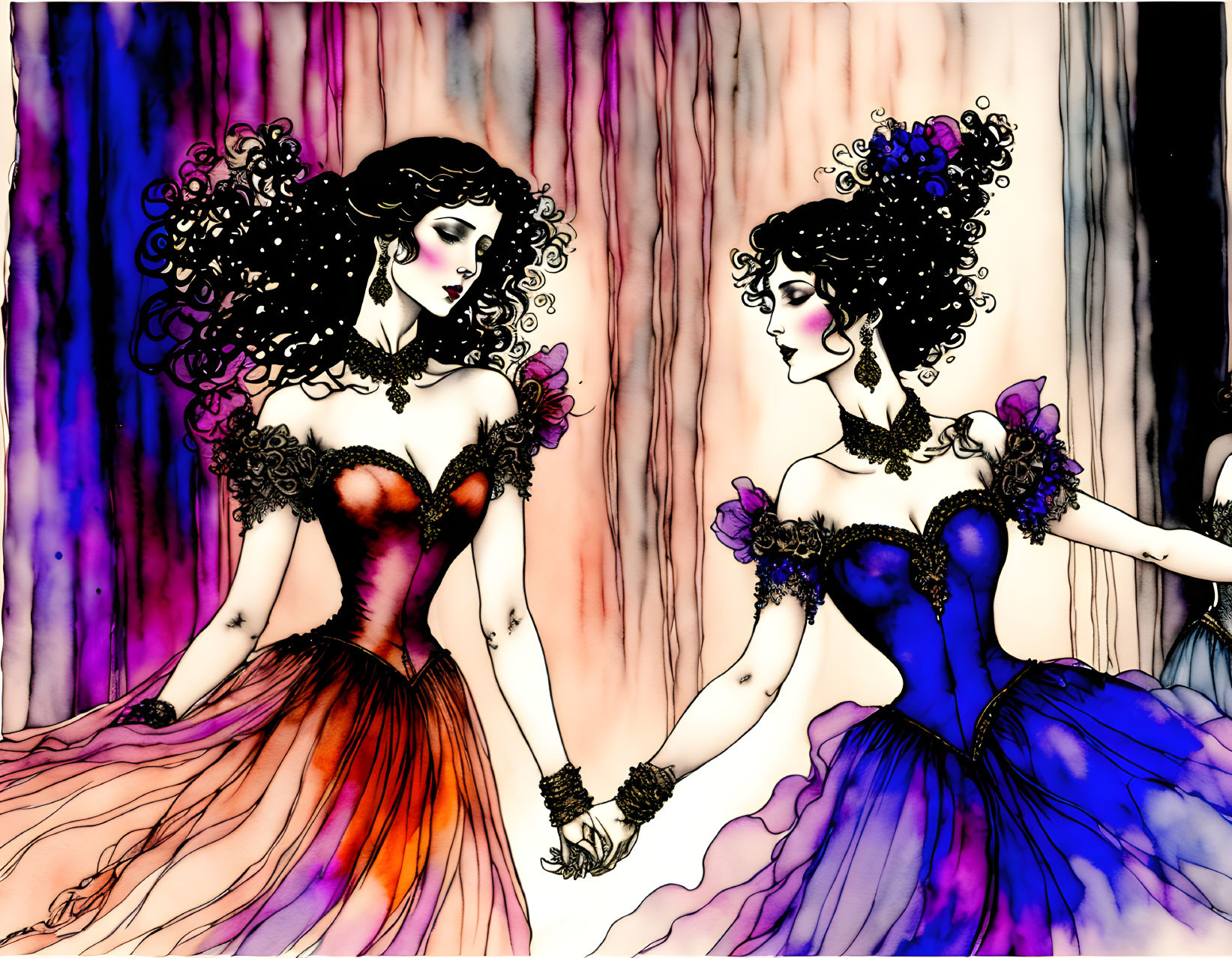 Stylized female figures in elegant gowns against pink and purple backdrop