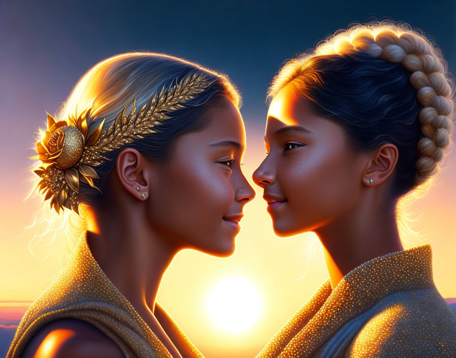 Two girls with braided hair in golden sunset light