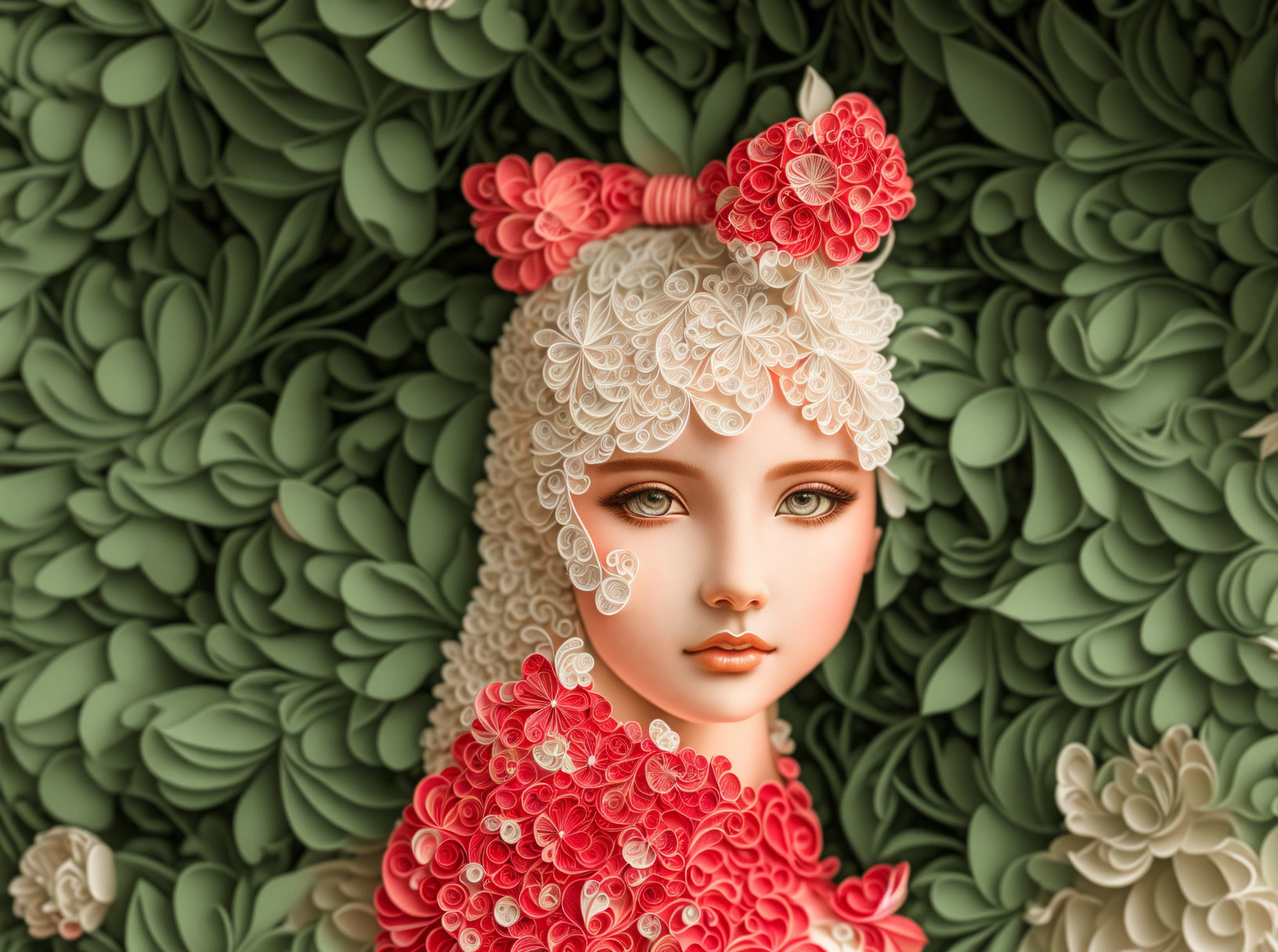 Digital artwork of female figure with porcelain skin and floral patterns.