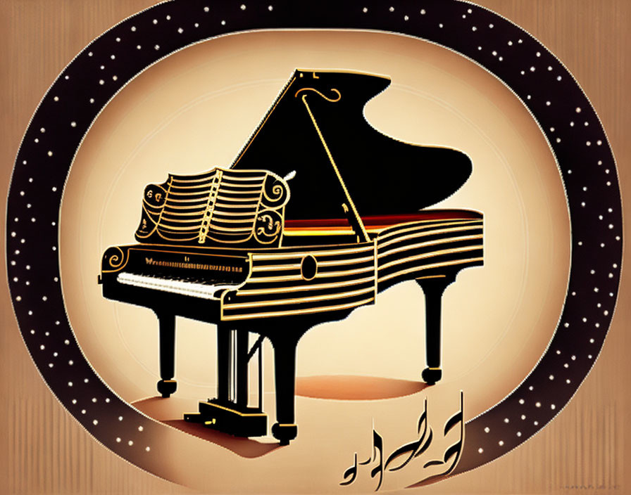 Grand Piano Artwork with Music Notes and Staff Lines on Dotted Background