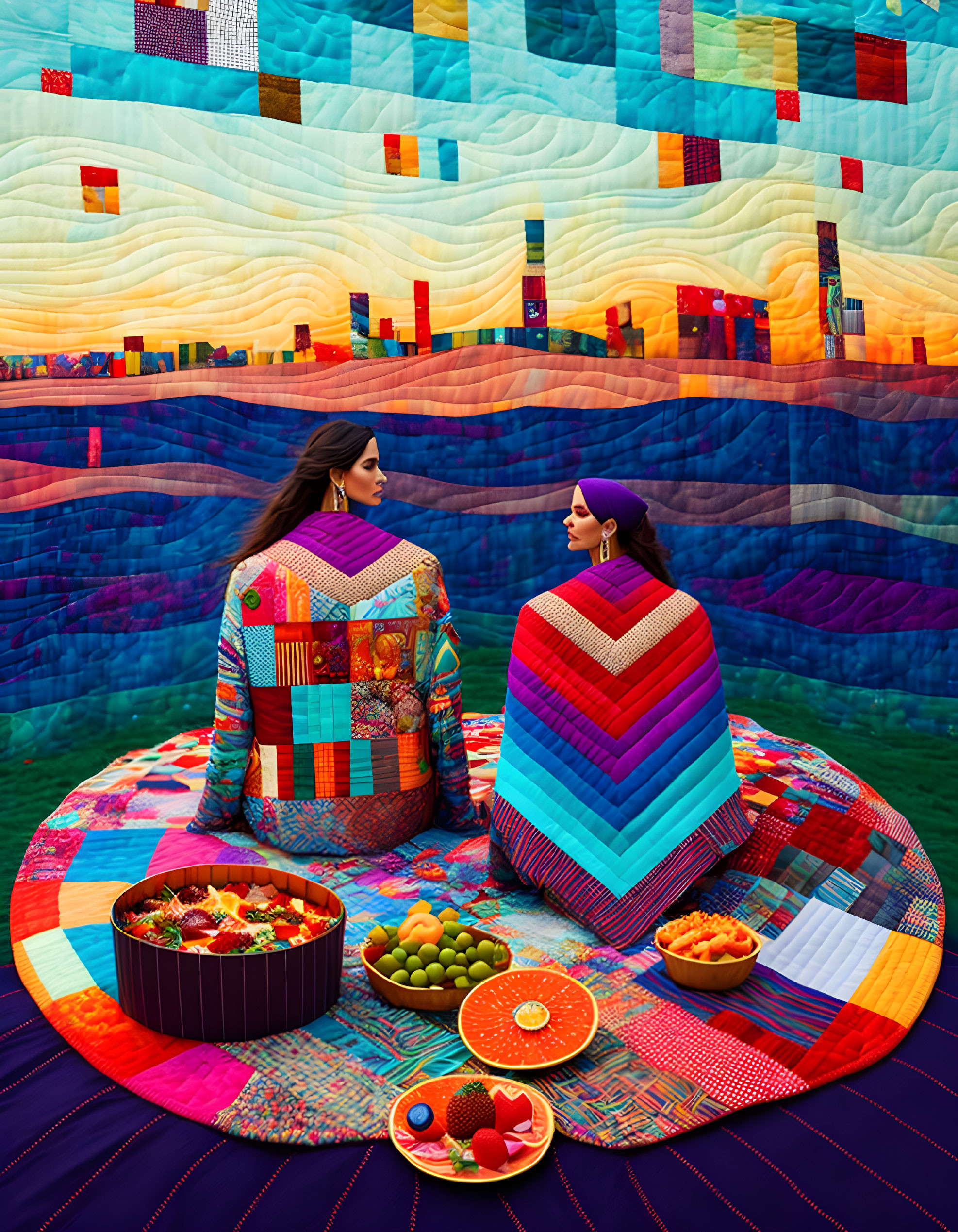 Colorful geometric-patterned clothes on two women sitting on a vibrant quilt with plates of fruit and quilt