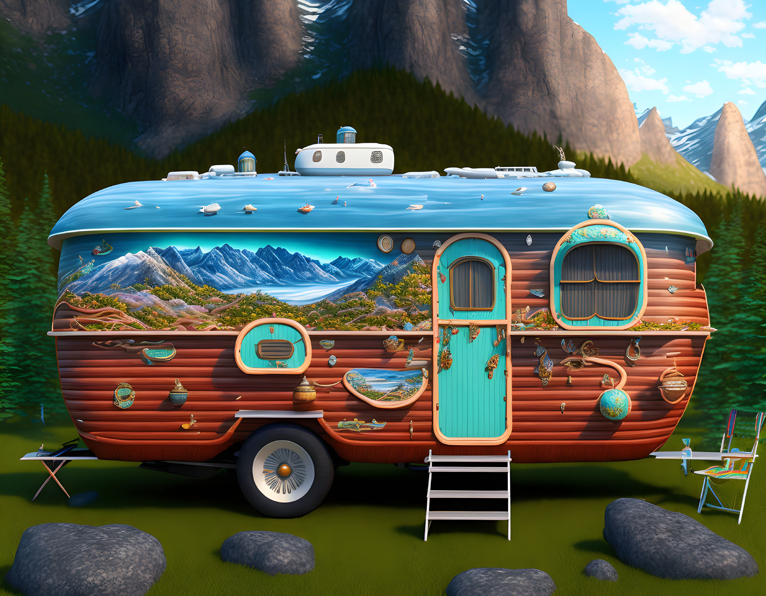 Whimsical caravan with mountain landscape painting, forest setting with outdoor furniture