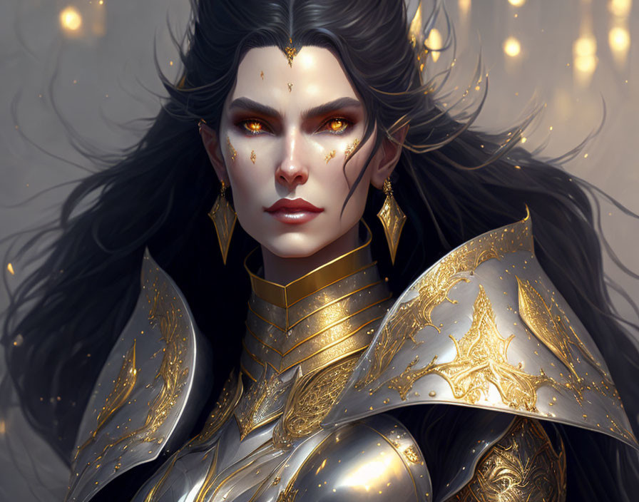 Digital artwork: Woman with golden eyes in ornate armor, black hair, and glowing embers.