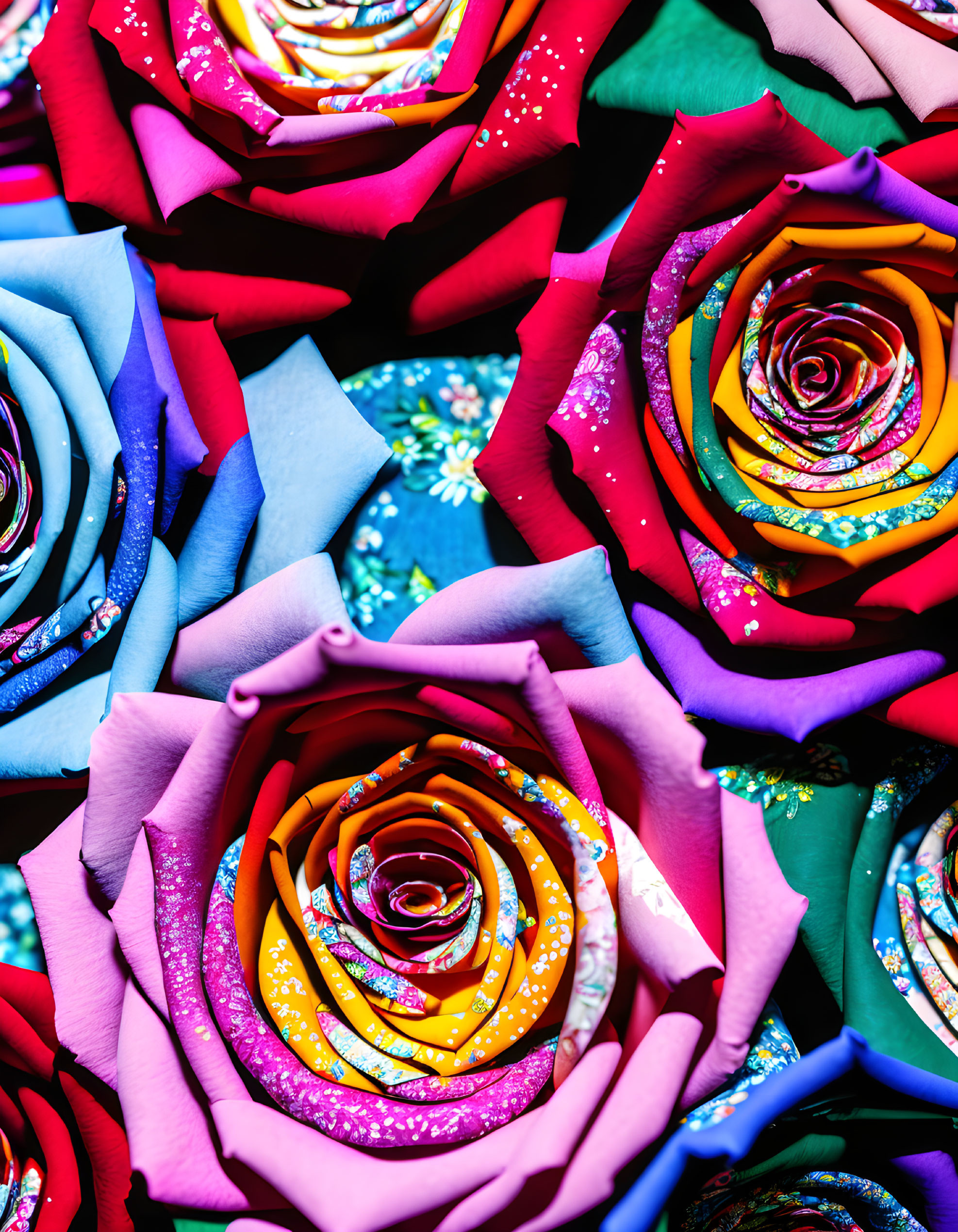 Colorful Paper Roses with Glitter Detailing in Dense Floral Display