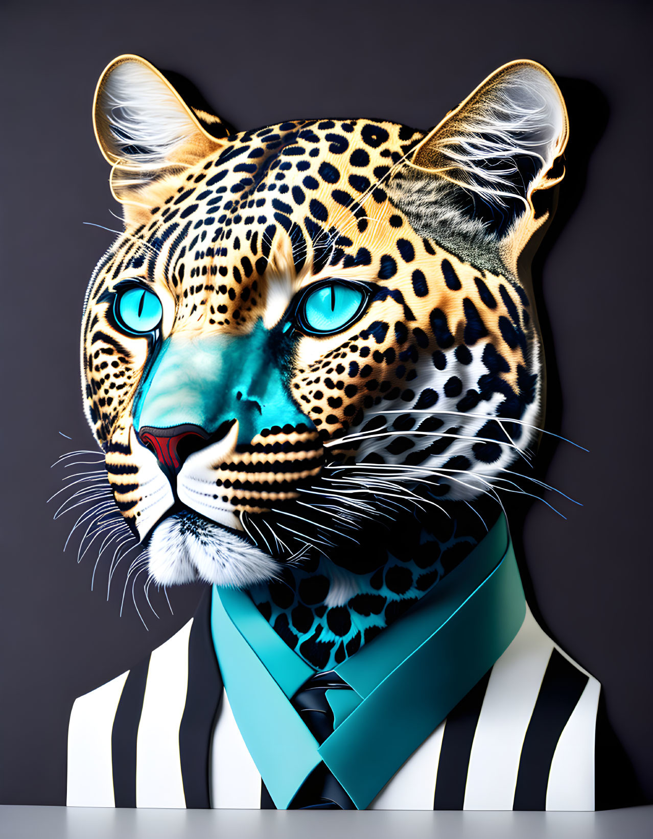 Digital artwork: Jaguar with human-like eyes in striped suit and teal tie