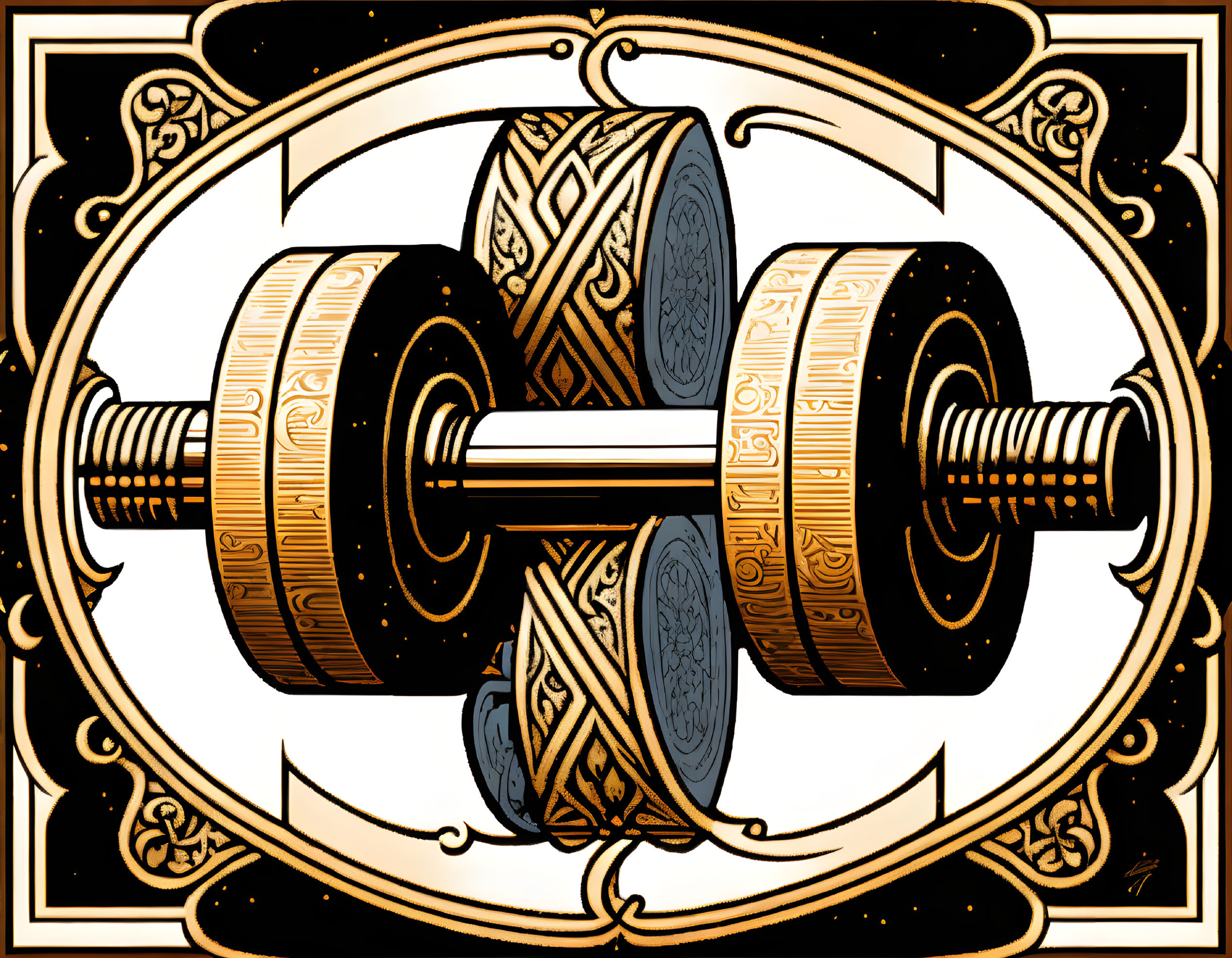 Detailed Celtic-style barbell illustration with ornate patterns in decorative border