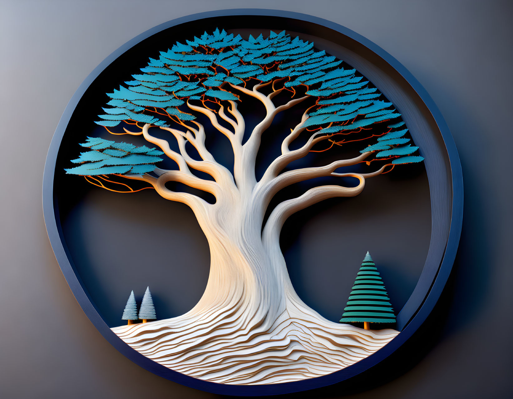 Stylized 3D white tree with blue leaves in circular frame and dark background