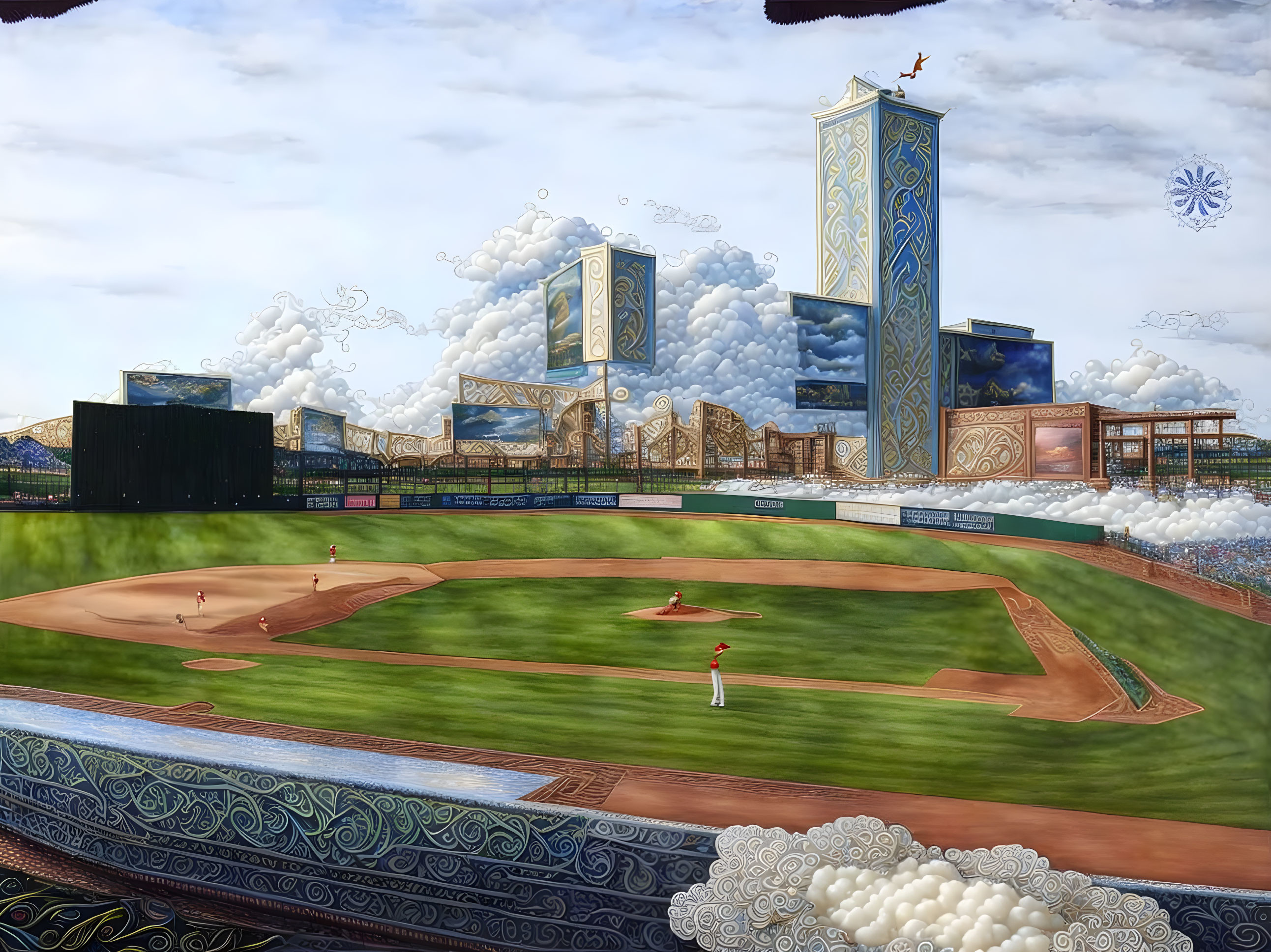 Surrealistic baseball stadium with ornate patterns and floating panels