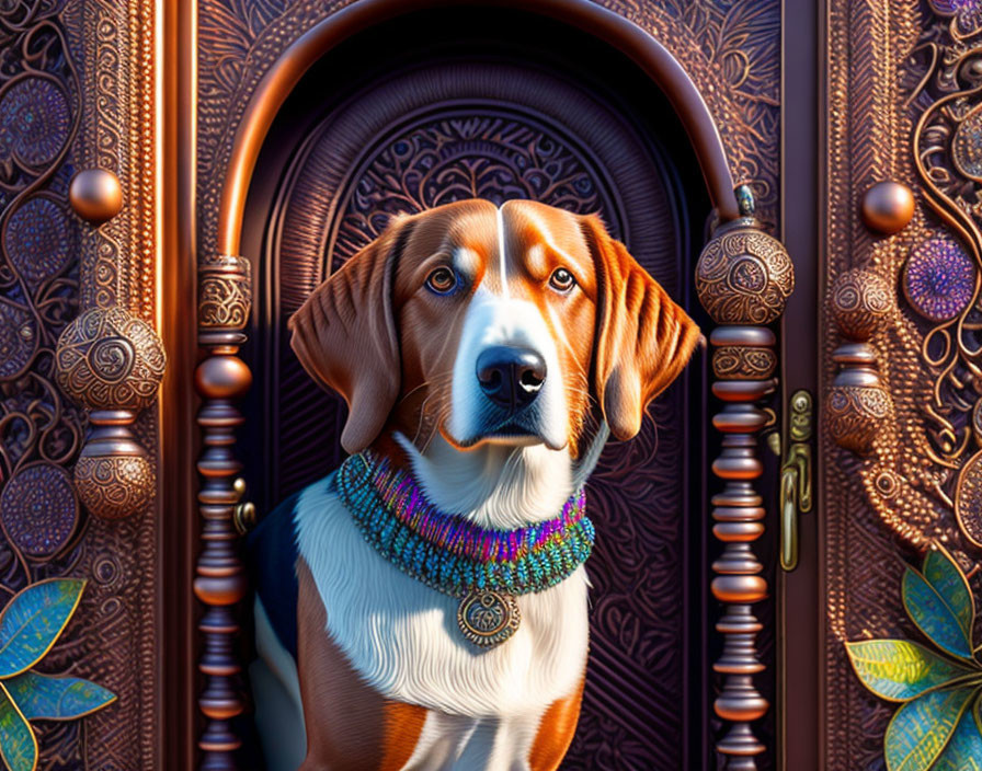 Colorful Beaded Necklace Beagle in Ornate Arched Doorway