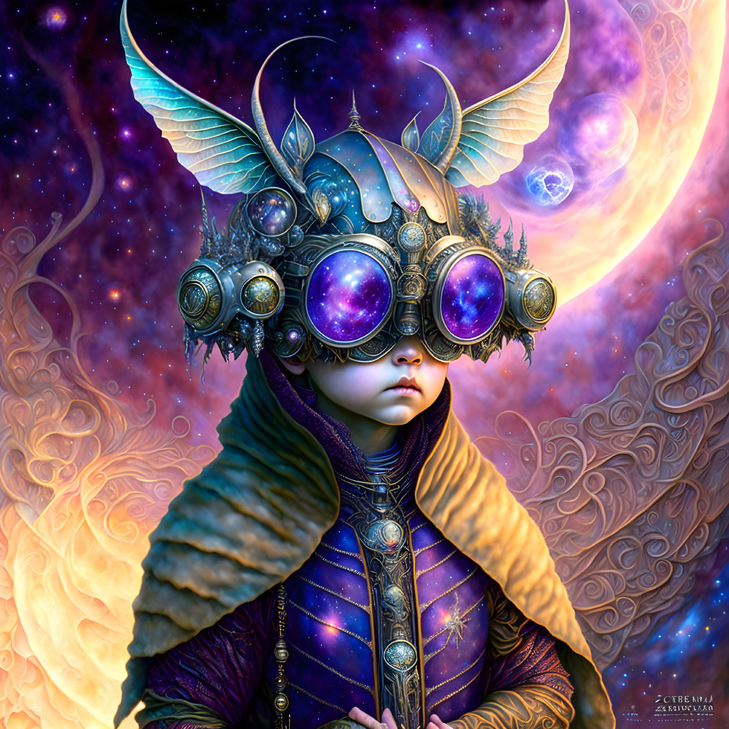 Child in Steampunk Helmet Amid Cosmic Background