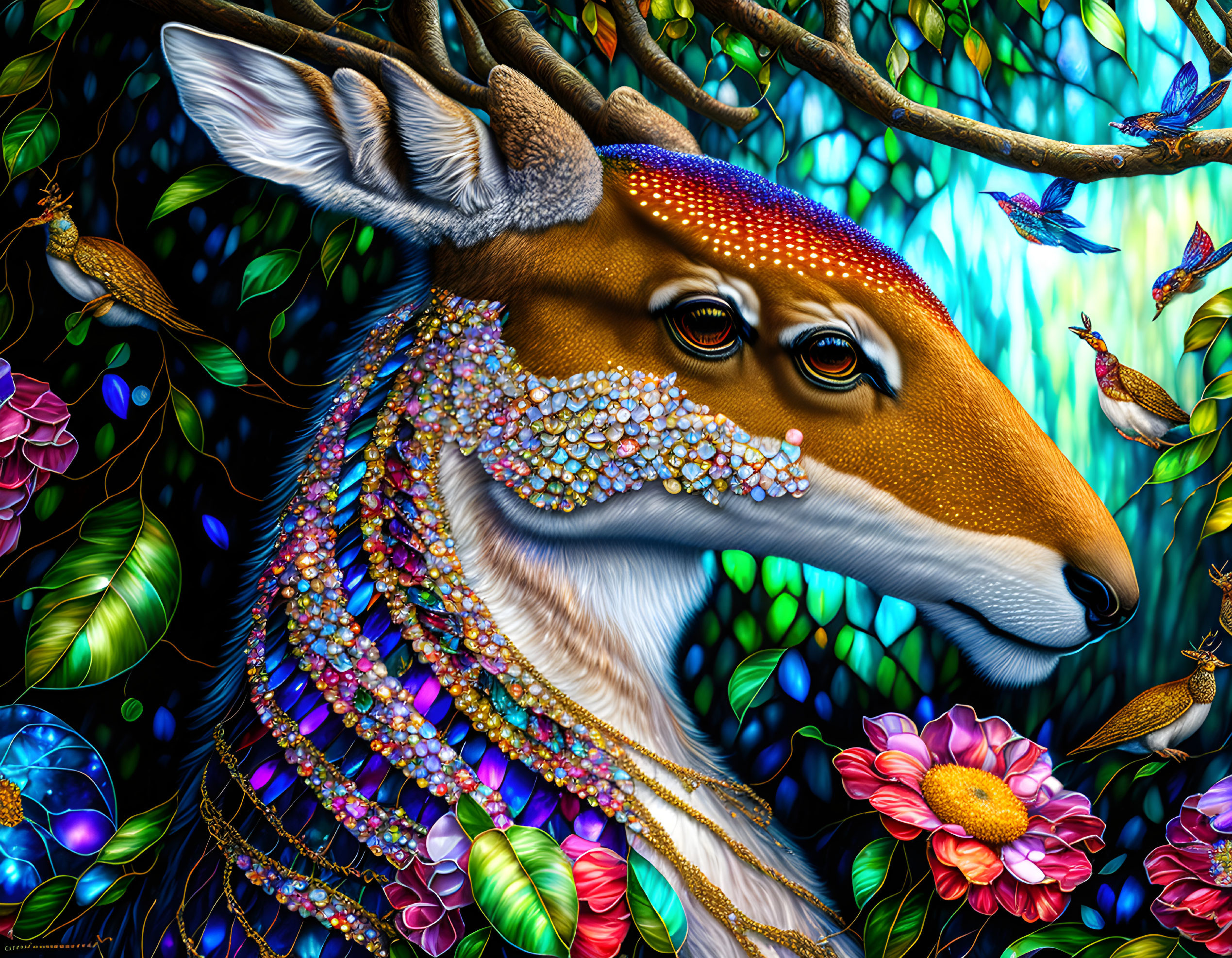 Vibrant digital artwork: Embellished deer with colorful birds and foliage