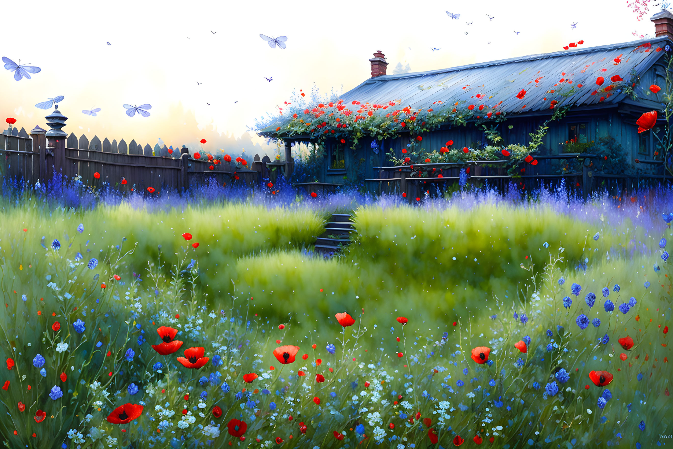 Colorful garden with red poppies, blue flowers, and greenery around a blue cottage under a